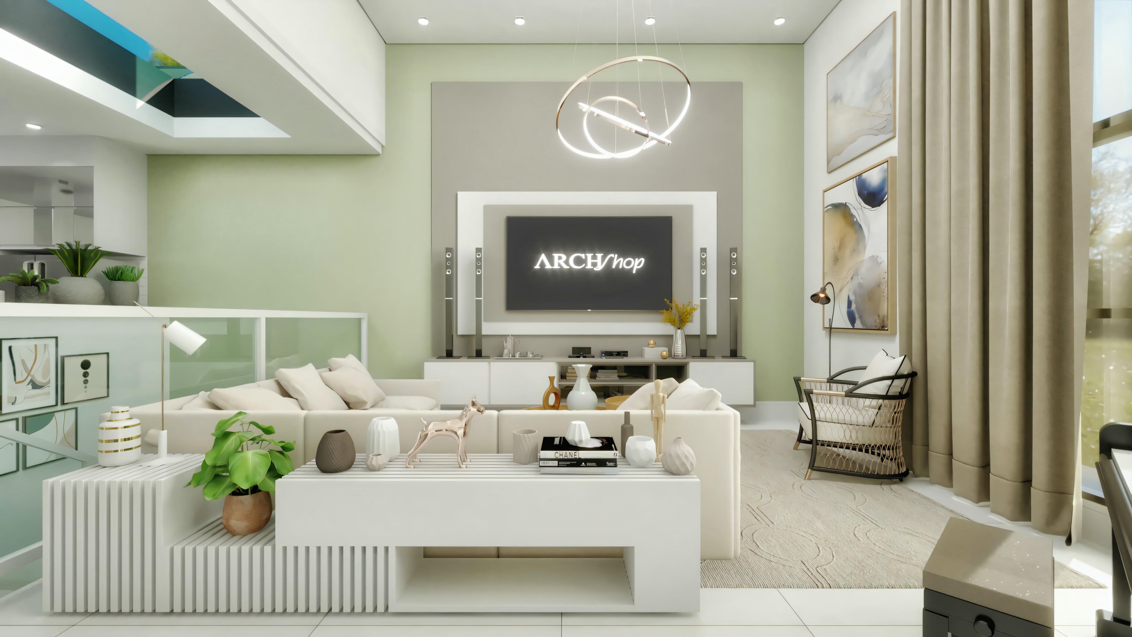 Modern living room with sofas and a wall-mounted television.