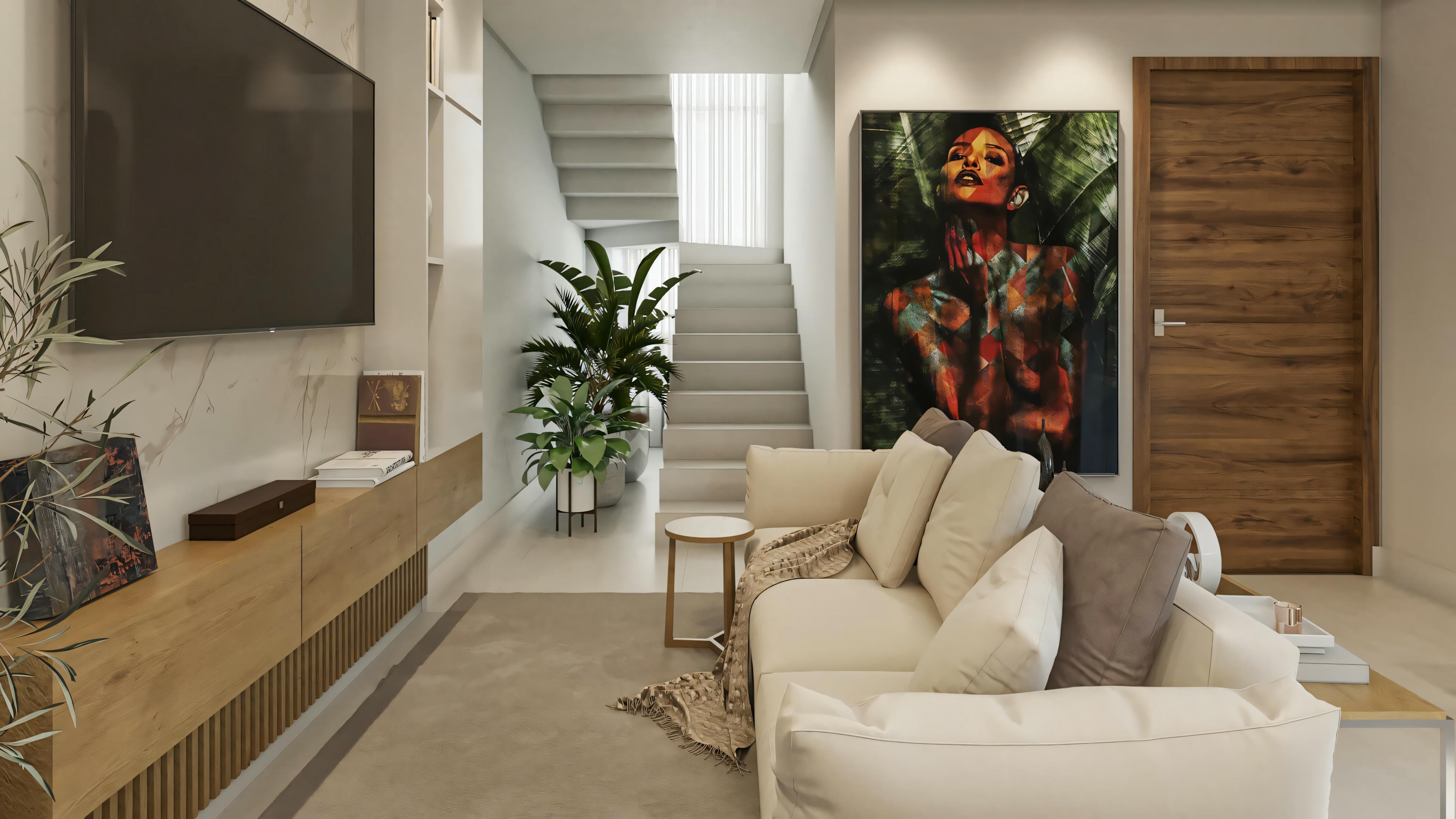 Living room with white sofa, decorative pillows, coffee table, and artwork on the wall above.