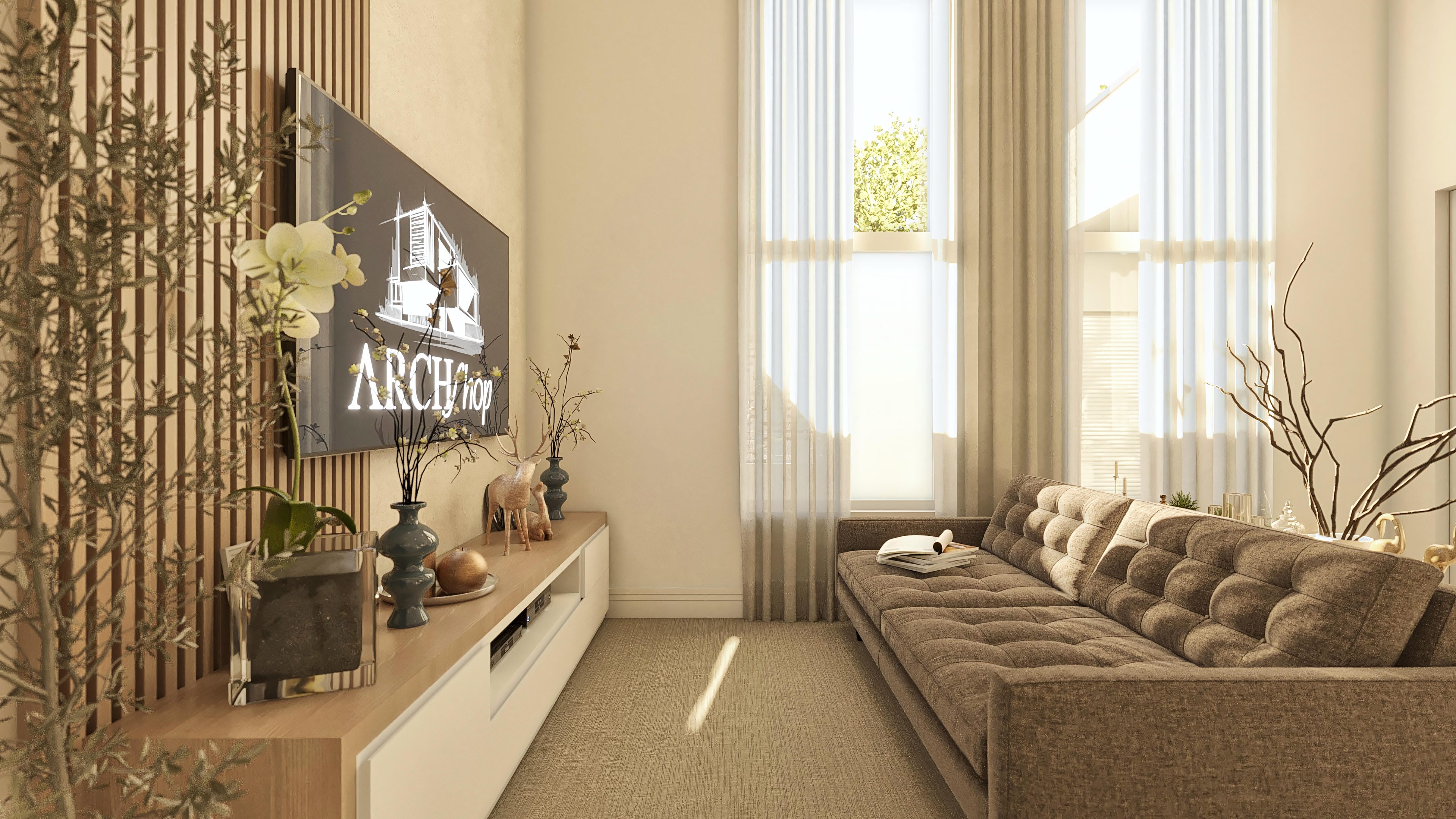 Interior of a living room with a cozy brown sofa, slatted wood panel, intense natural lighting through wide windows with fluid curtains, and light flooring.