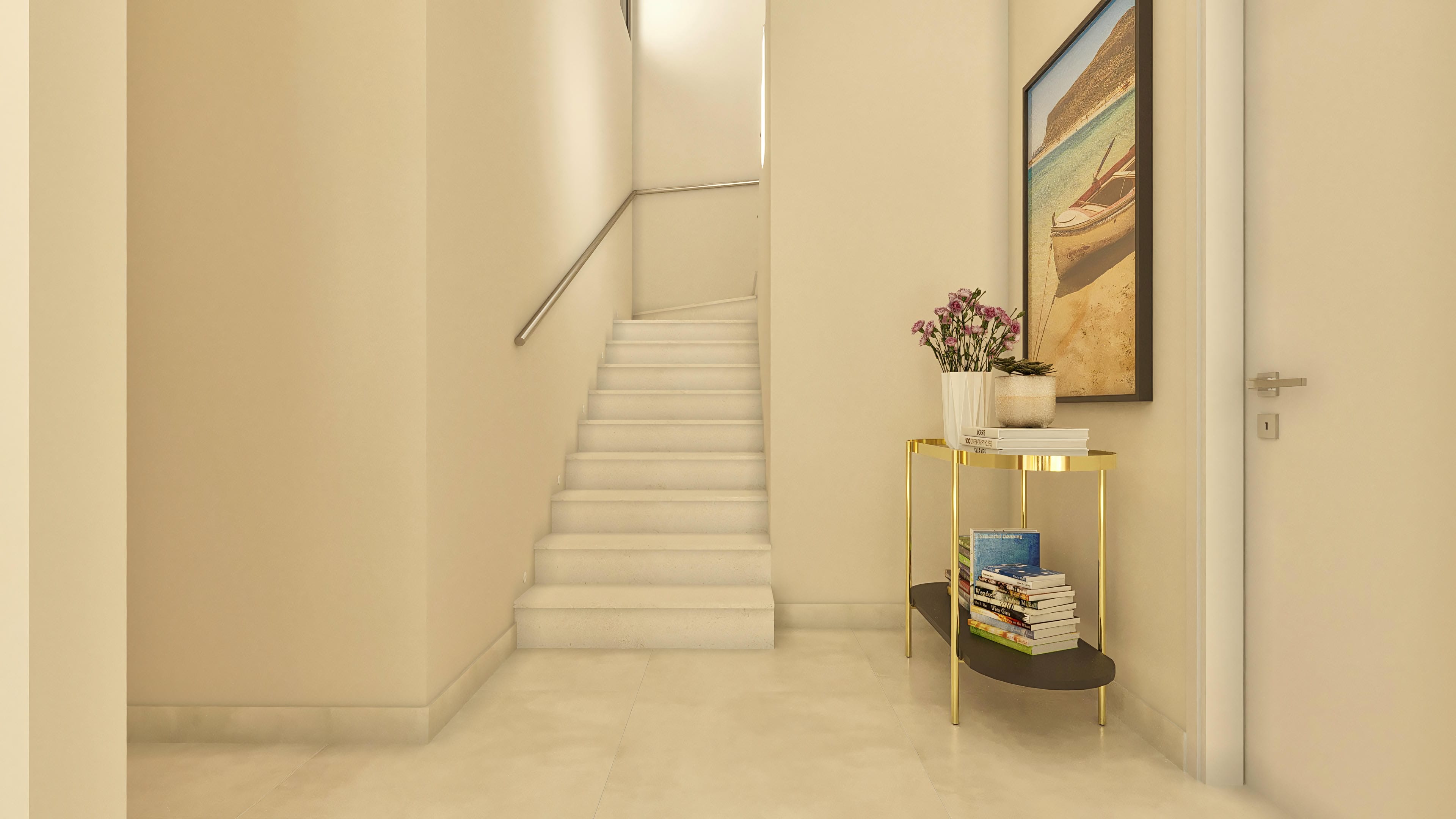 Interior of a house with a modern light marble staircase, polished metal handrail, neutral-toned walls, and a golden sideboard with books and decoration.