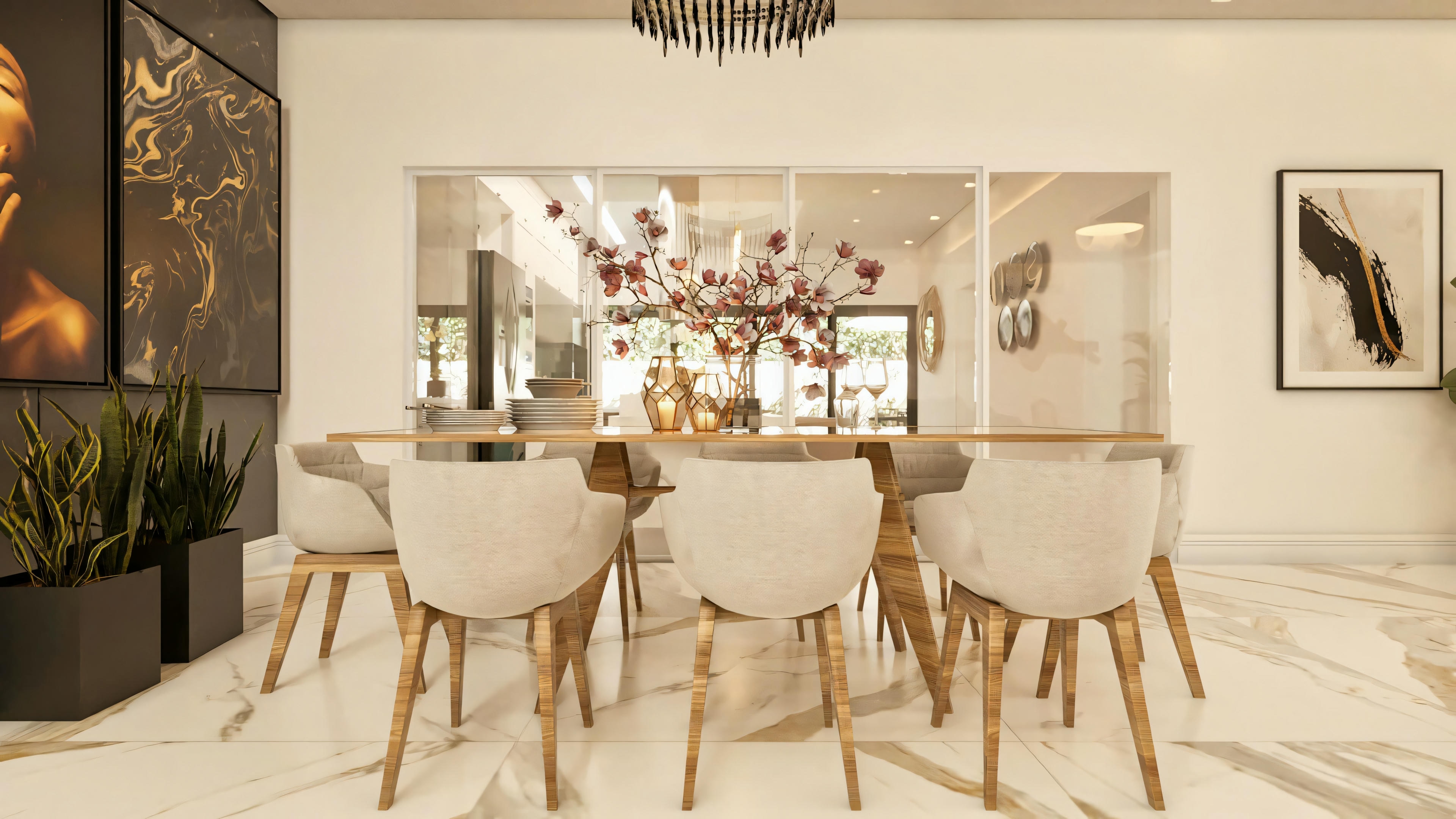 Dining room of a 3-suite two-story house, featuring a wooden table with 6 upholstered chairs, pendant light, light porcelain tile flooring, dark decorative panel on the left, and glass partition in the background.