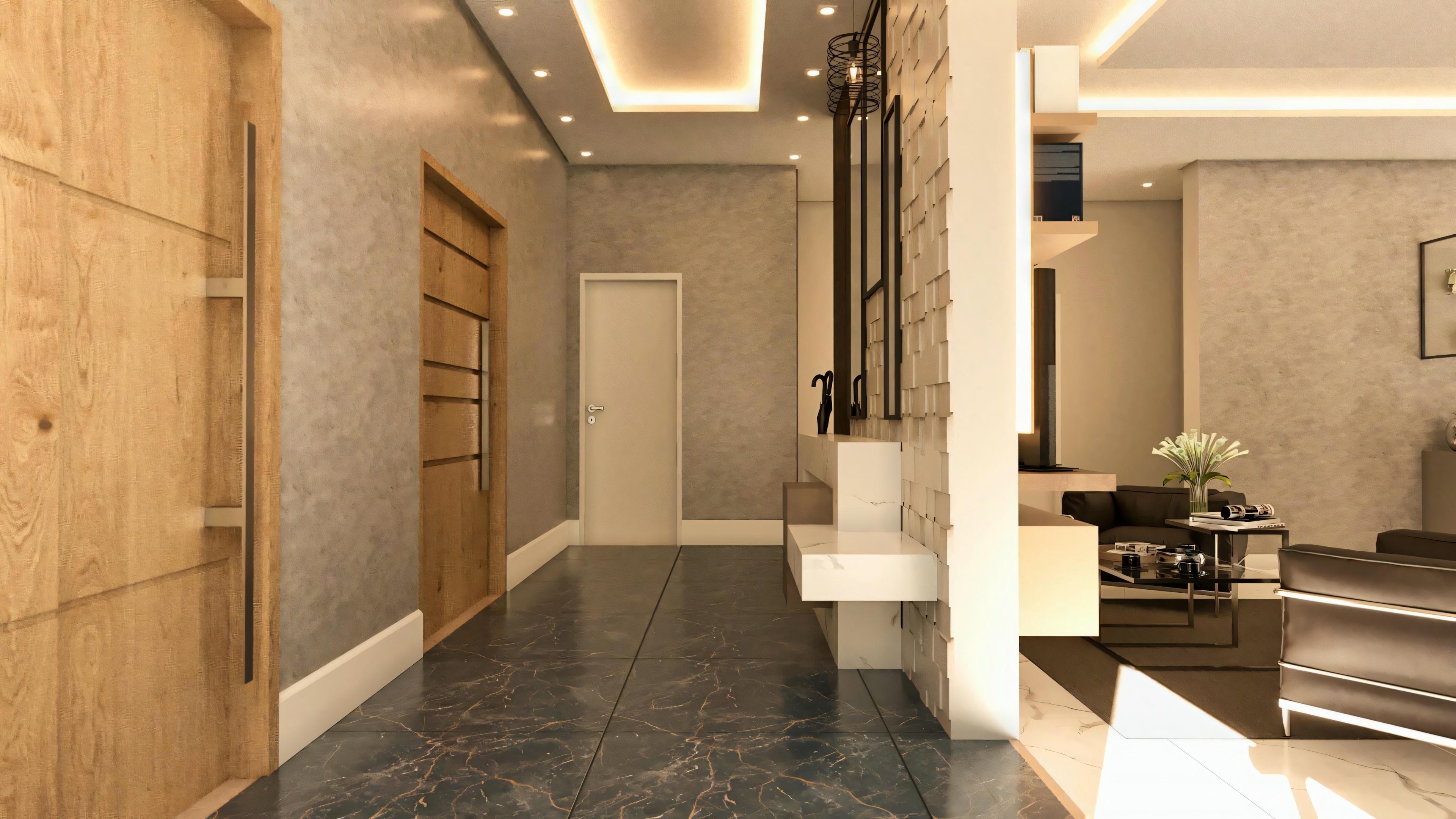 Pasillo de circulación interna en proyecto de casa de planta baja con 3 suites; piso de porcelanato oscuro, puertas de madera, pared decorativa e iluminación empotrada en el techo.