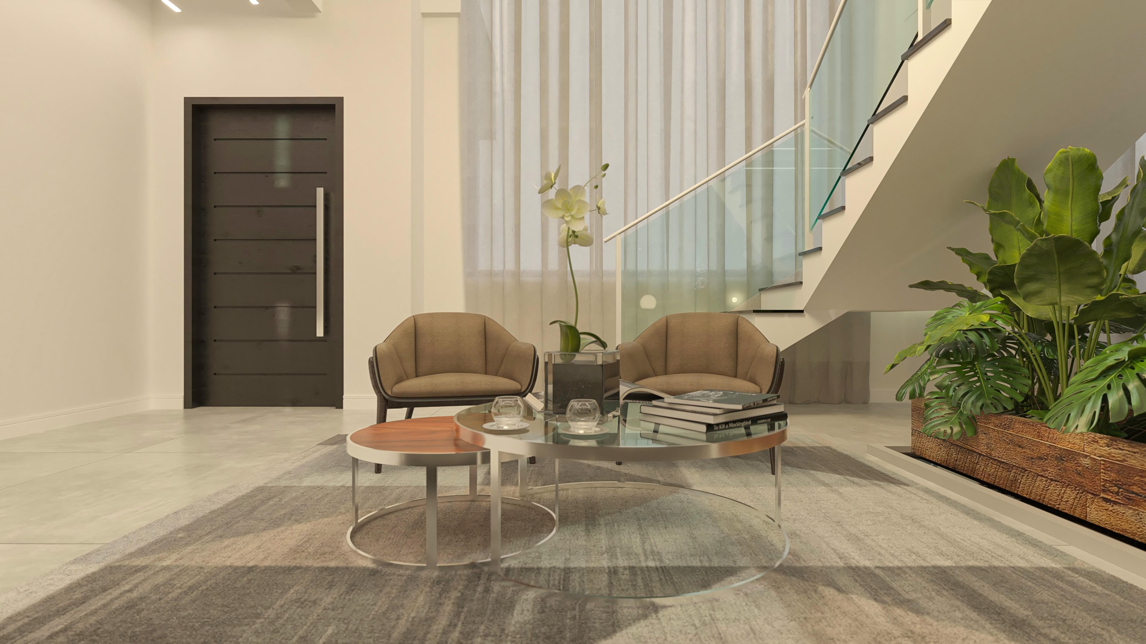 Espaço interno elegante com poltronas confortáveis, mesa de centro em vidro e metal, e uma escada moderna com guarda-corpo de vidro. Decoração com plantas exuberantes e porta de madeira com design marcante.