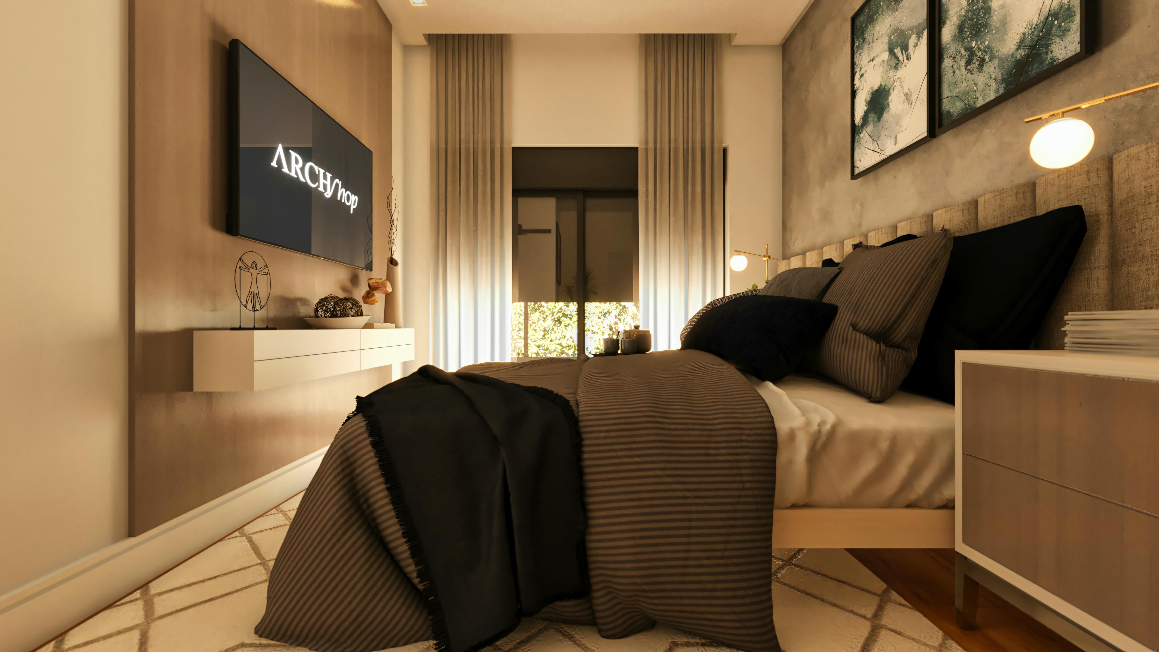 Quarto de casal com painel de tv.