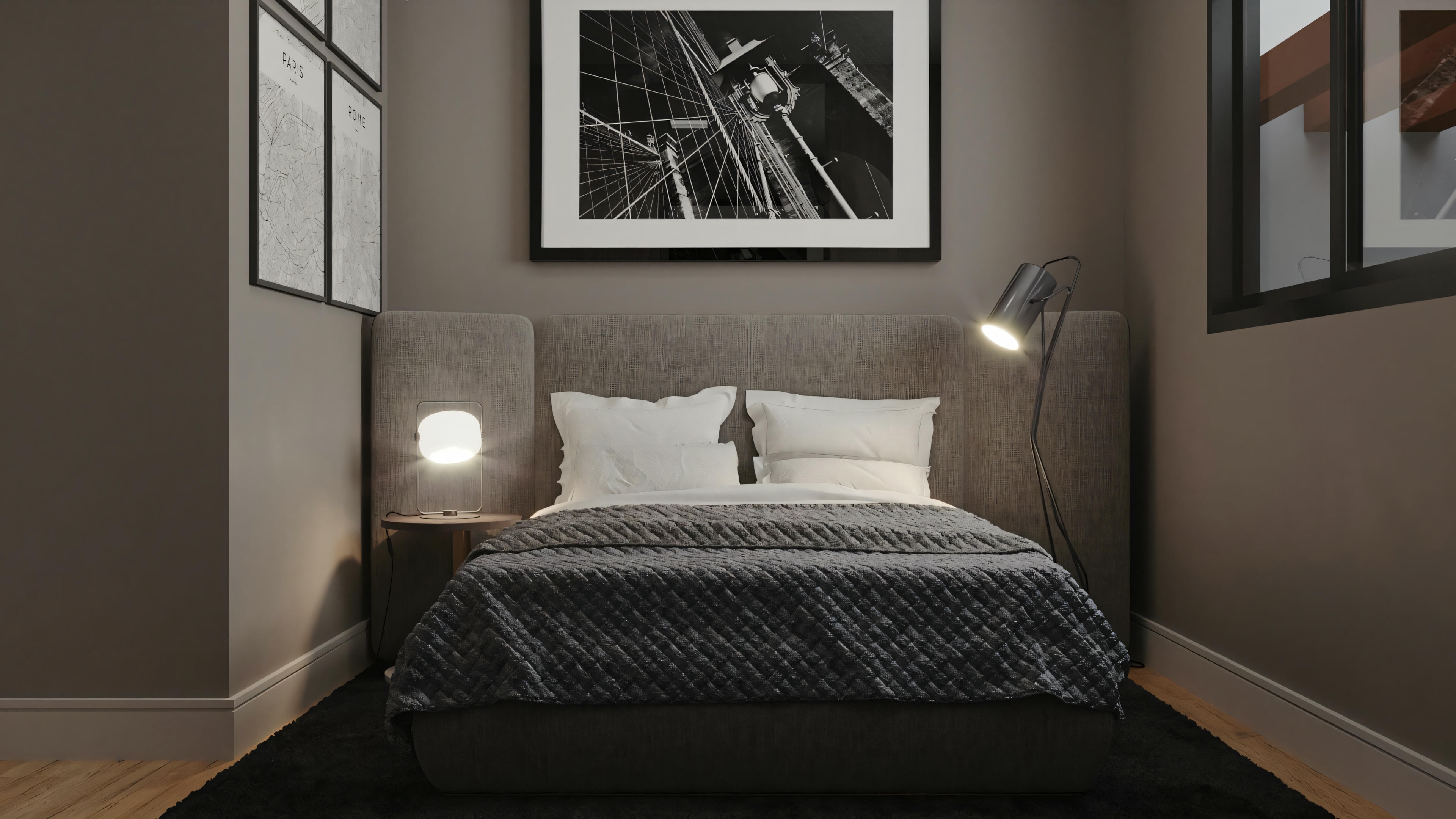 Área de estar e jantar em conceito aberto, com sofá voltado para portas de vidro e mesa de jantar para quatro pessoas.