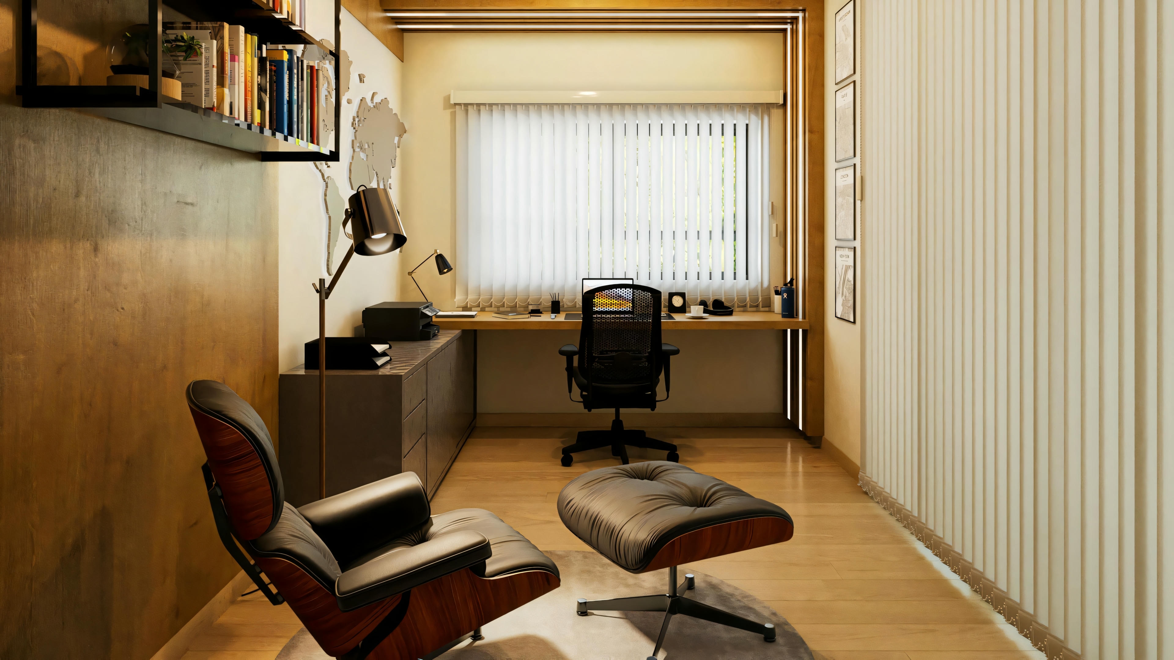 View of the home office in a ready-made single-story house project with 5 suites (364.7m²). Shows the work desk positioned under the window with a blind, Eames-style reading armchair, and a wall with a slatted wood panel.