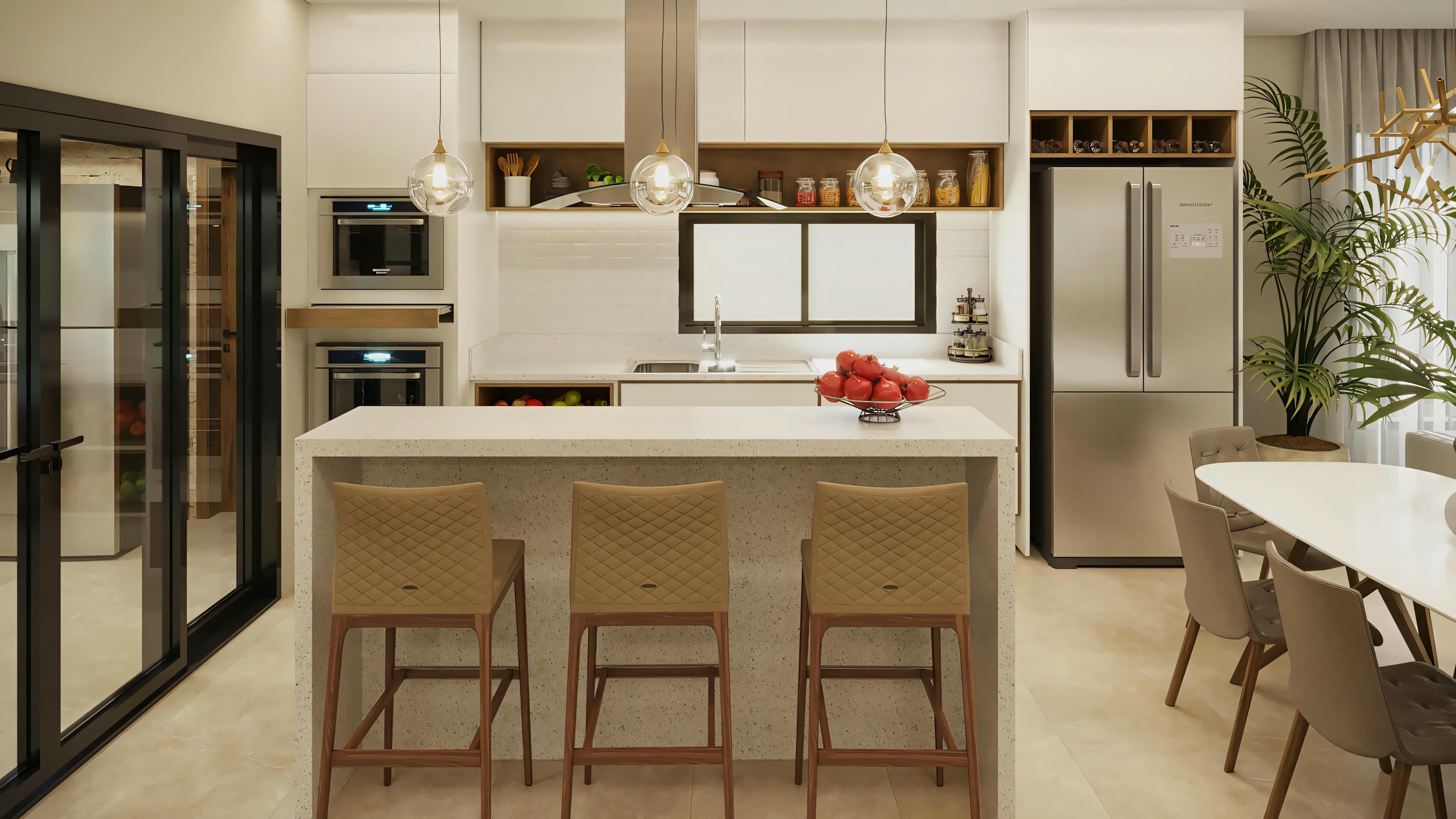 View of the modern kitchen in the ready-made single-story house project with 2 suites (170.8sqm). Focus on the island with counter and stools, integrated into the dining room. Planned kitchen with hot tower, functional cabinets, and access to the gourmet area.