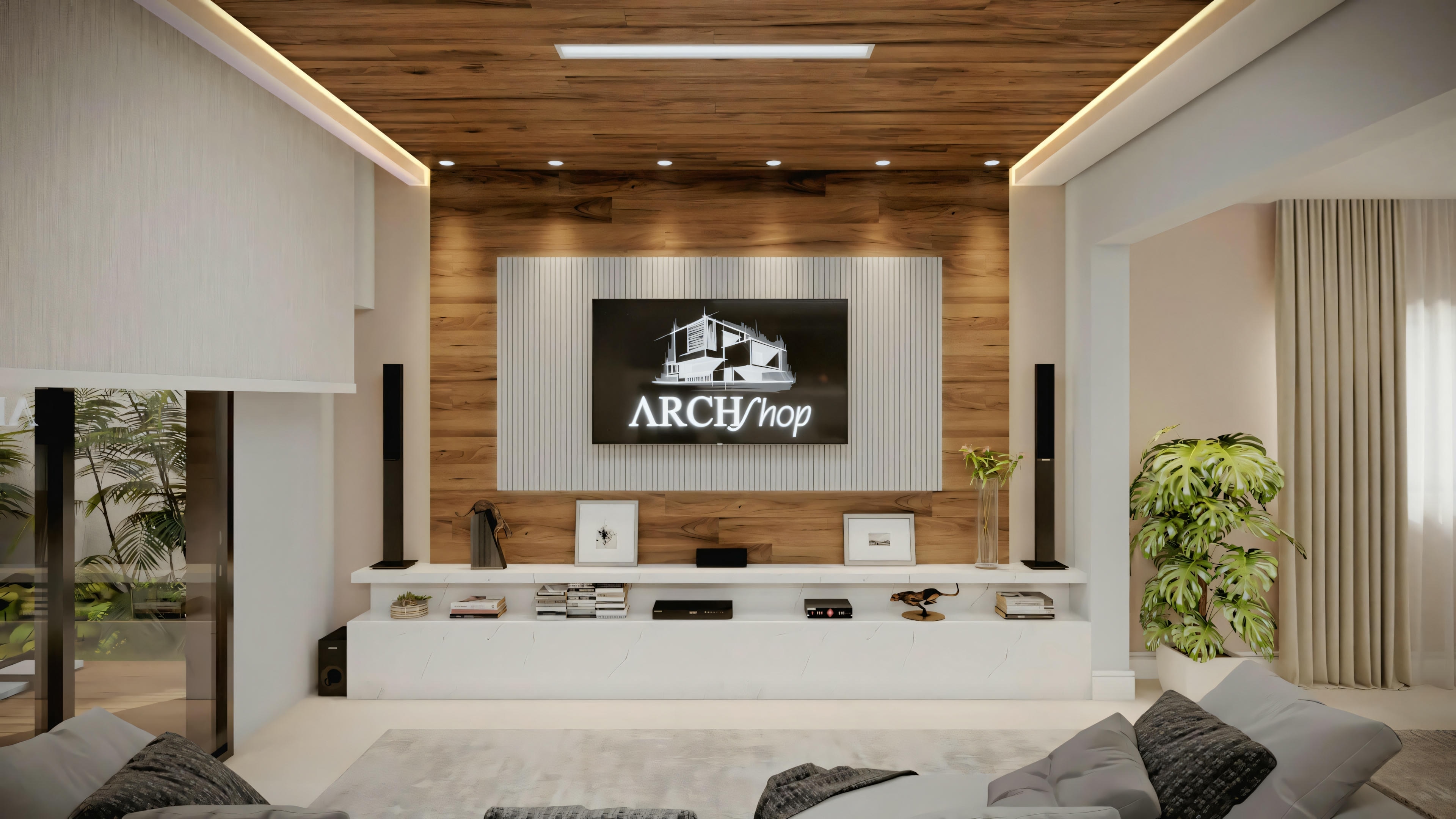 Outra sala de estar com móveis de tons escuros e uma grande tela exibindo o texto “ARCH” na unidade de parede.