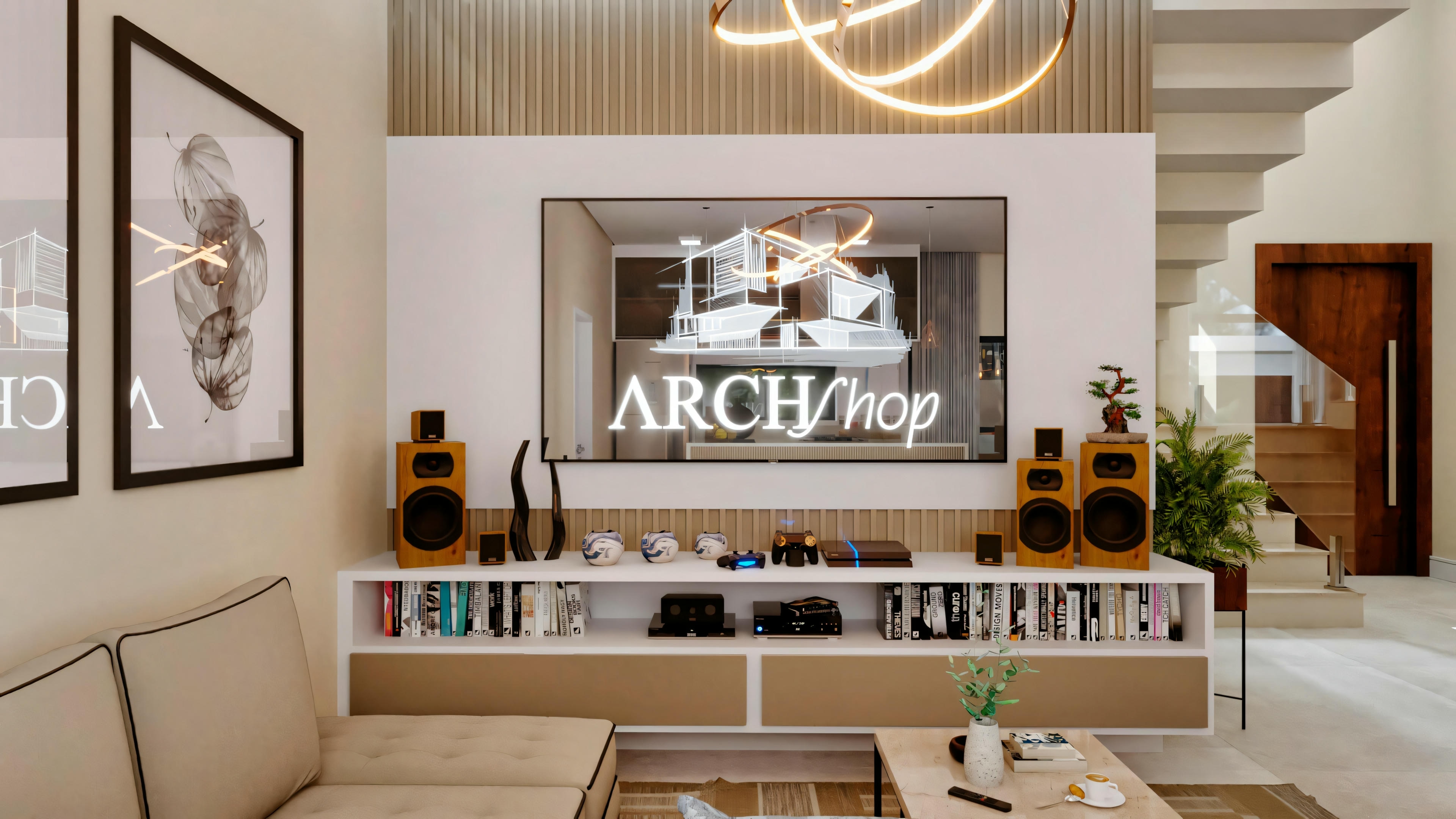 Uma sala de estar moderna com um grande letreiro “ARCHshop” na parede, sofás e elementos decorativos.