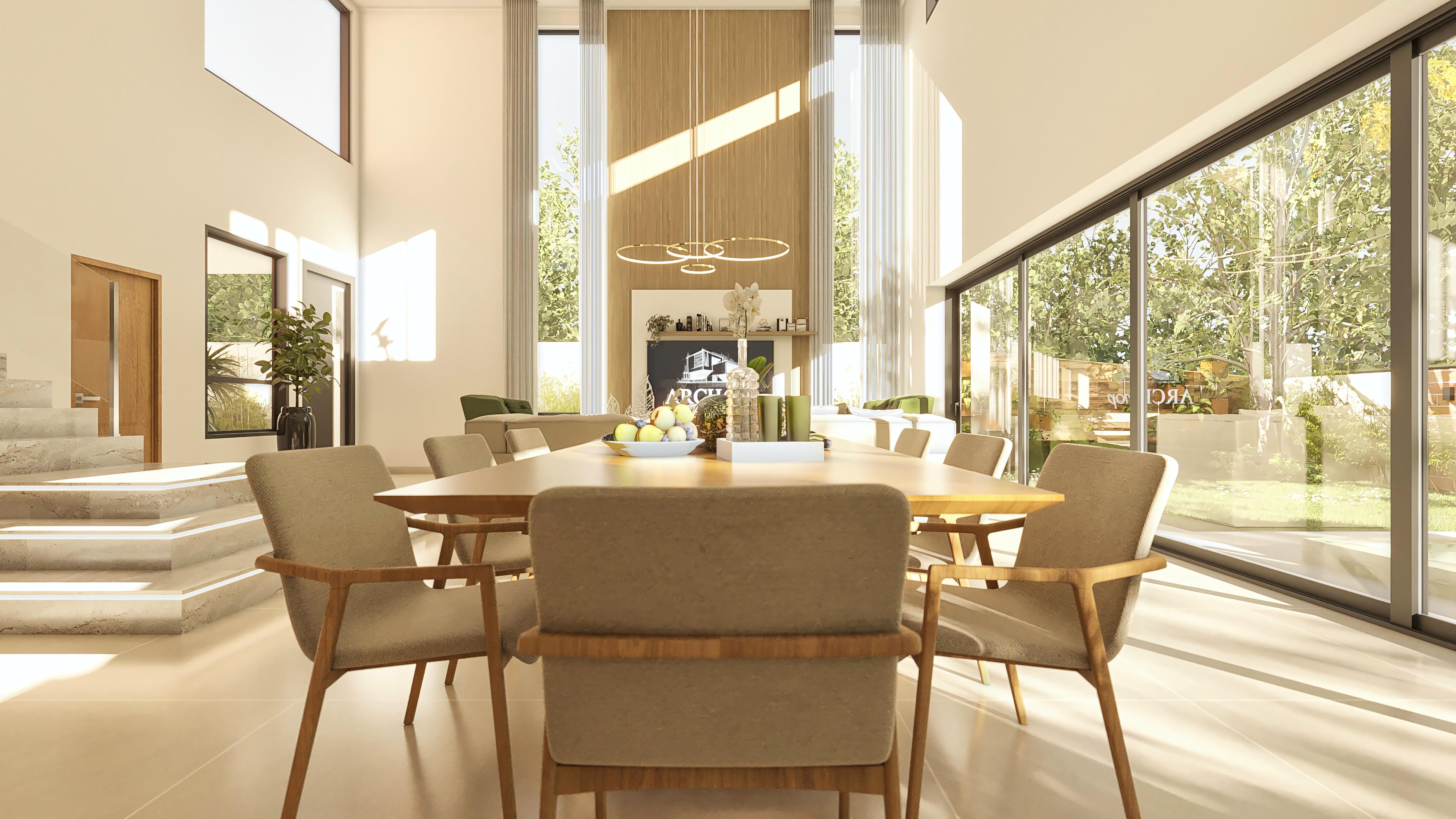 Espacio amplio e iluminado con comedor moderno, piso claro, escalera en mármol, grandes ventanales y detalles en madera, integrando con área externa exuberante.
