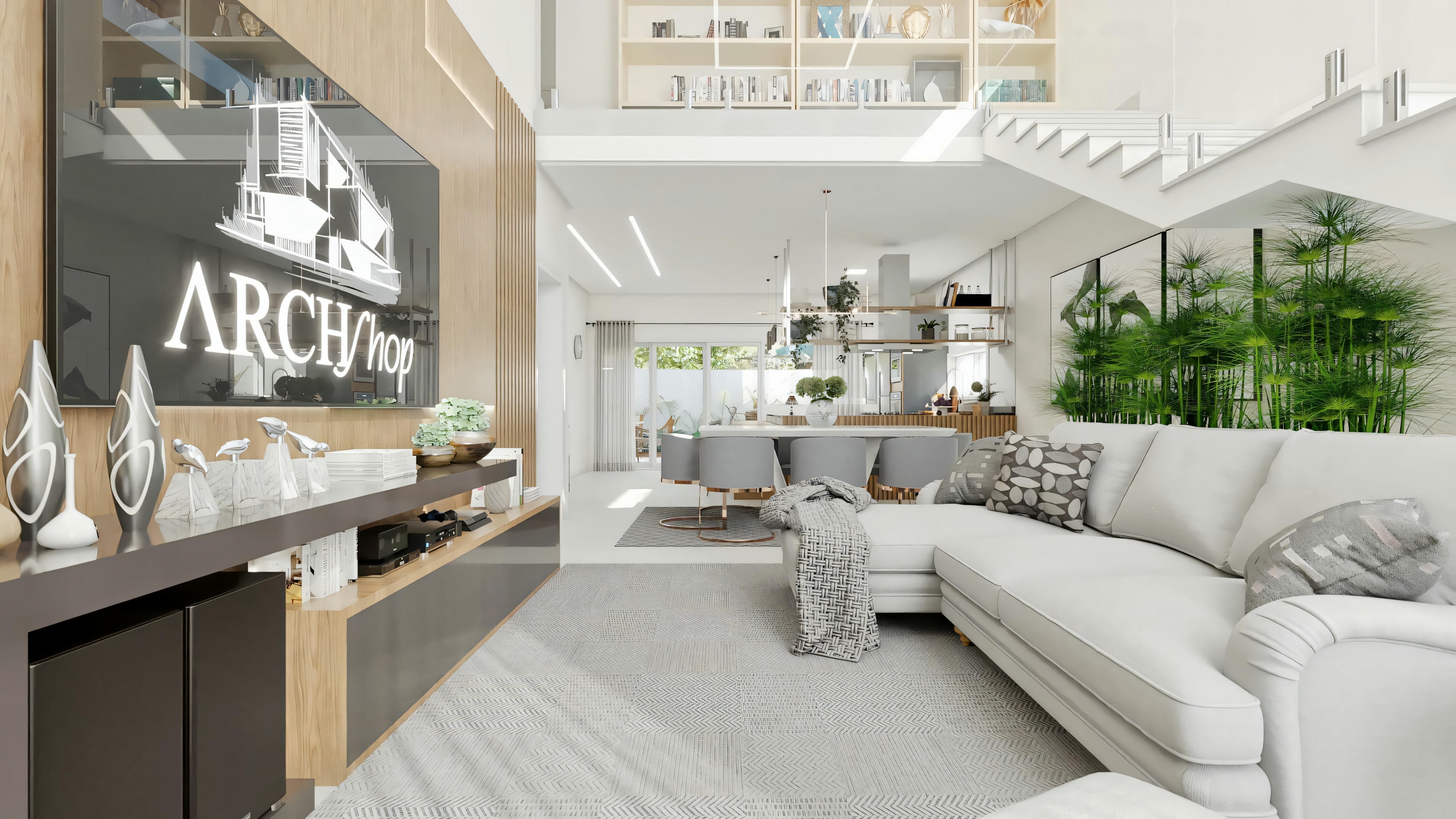 Sala de estar integrada com painel de TV em madeira no projeto residencial ArchShop com 3 suítes e piscina. Ambiente moderno com pé-direito alto, vista para sala de jantar e escada com guarda-corpo de vidro. Casa contemporânea com 250.56m².