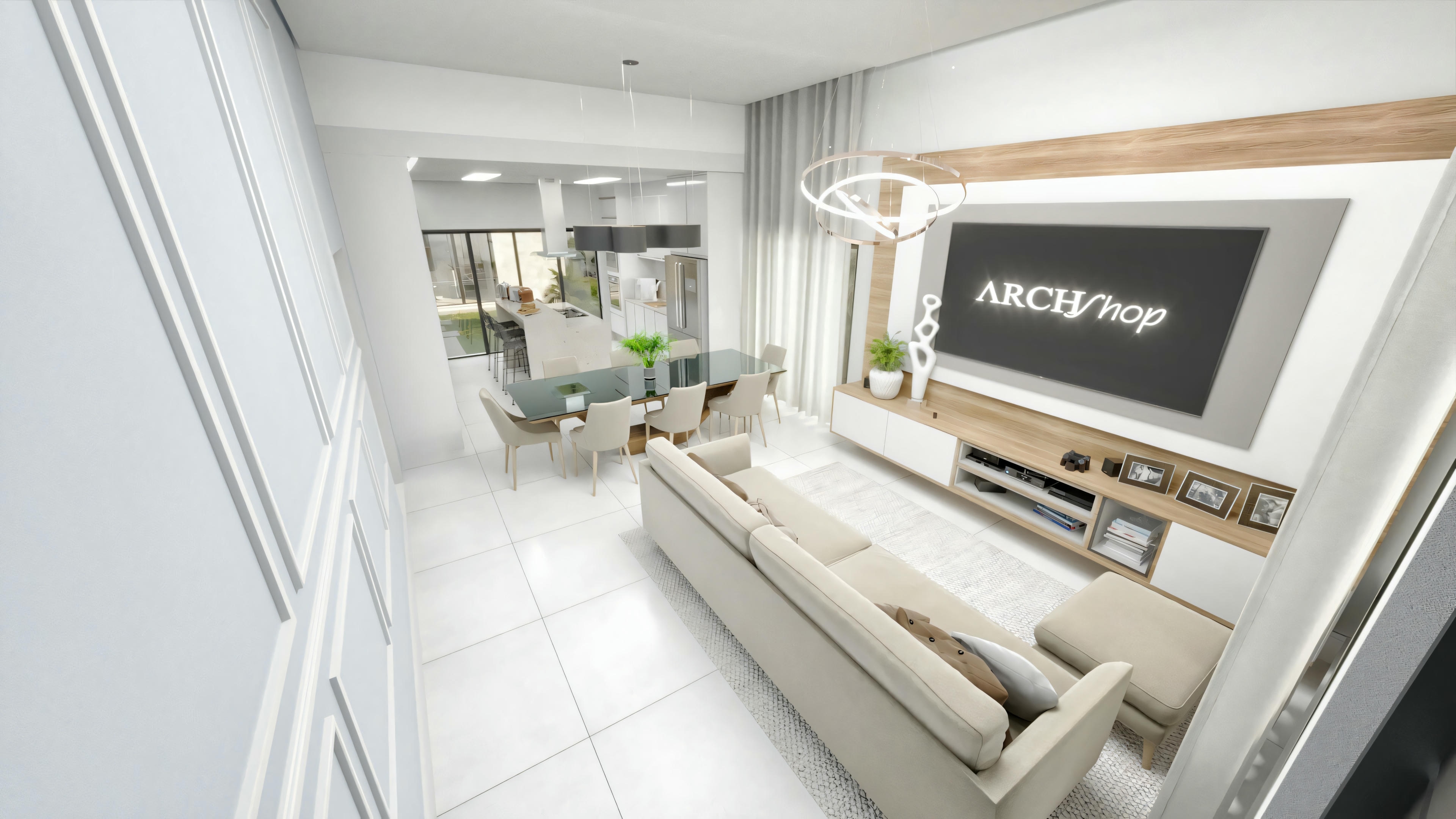 Una sala de estar moderna con decoración contemporánea, incluyendo una TV de pantalla plana montada en la pared blanca, estantes flotantes y una consola multimedia con objetos decorativos.
