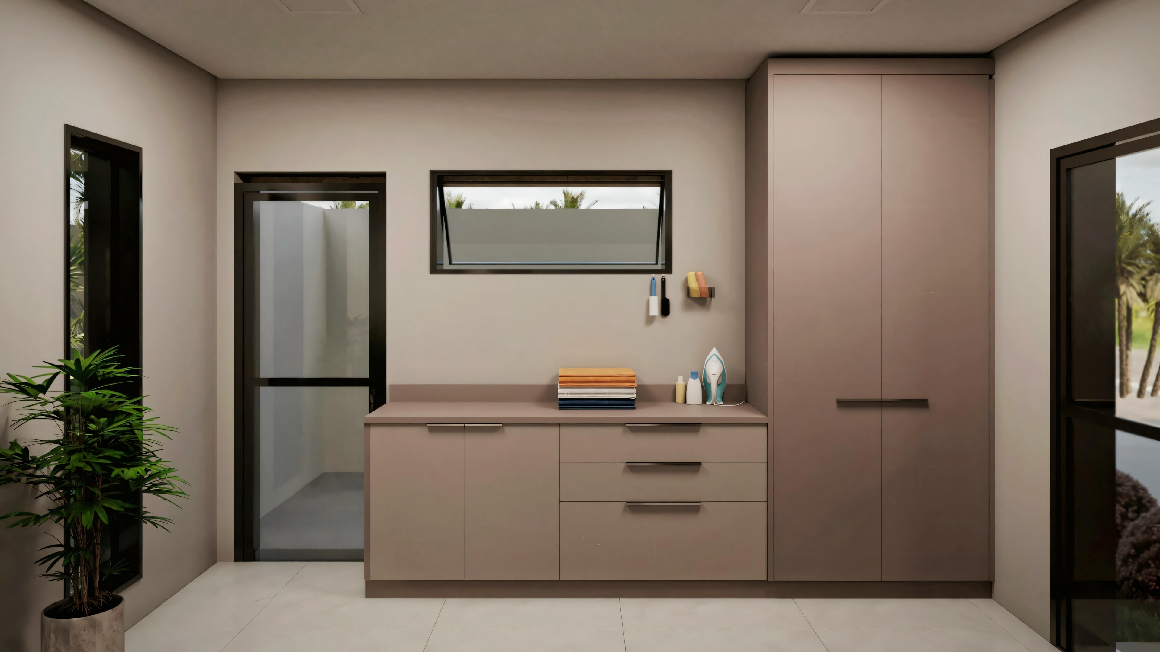 Detalle de la sala de estar en proyecto de casa moderna, con panel de TV en madera listonada y laca blanca, mueble bajo, sofá, sillón de cuero y mesa de centro de vidrio. Decoración moderna y acogedora.