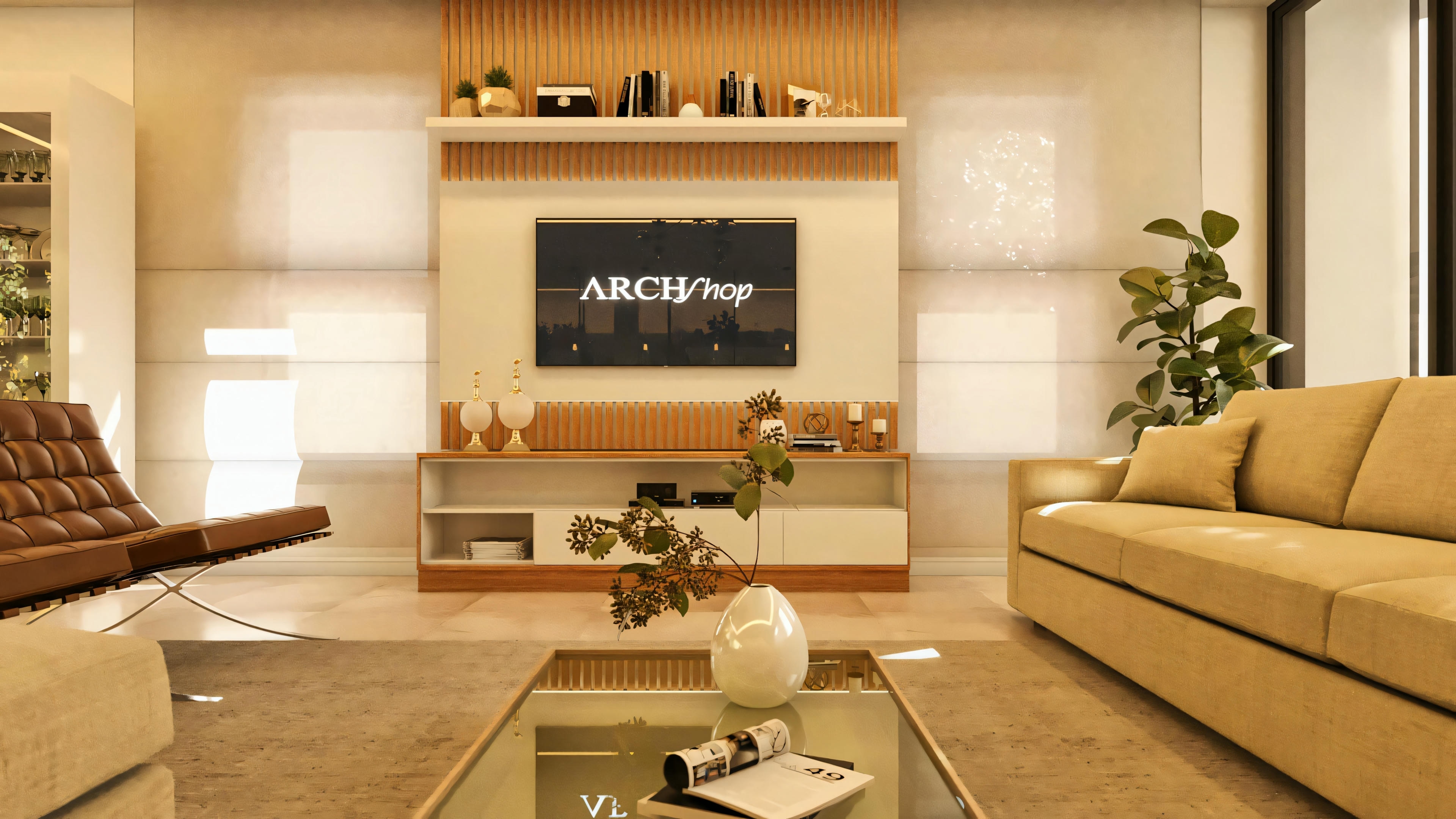 Detalle de la sala de estar en proyecto de casa moderna, con panel de TV en madera ripada y laca blanca, rack bajo, sofá, sillón de cuero y mesa de centro de vidrio. Decoración moderna y acogedora.