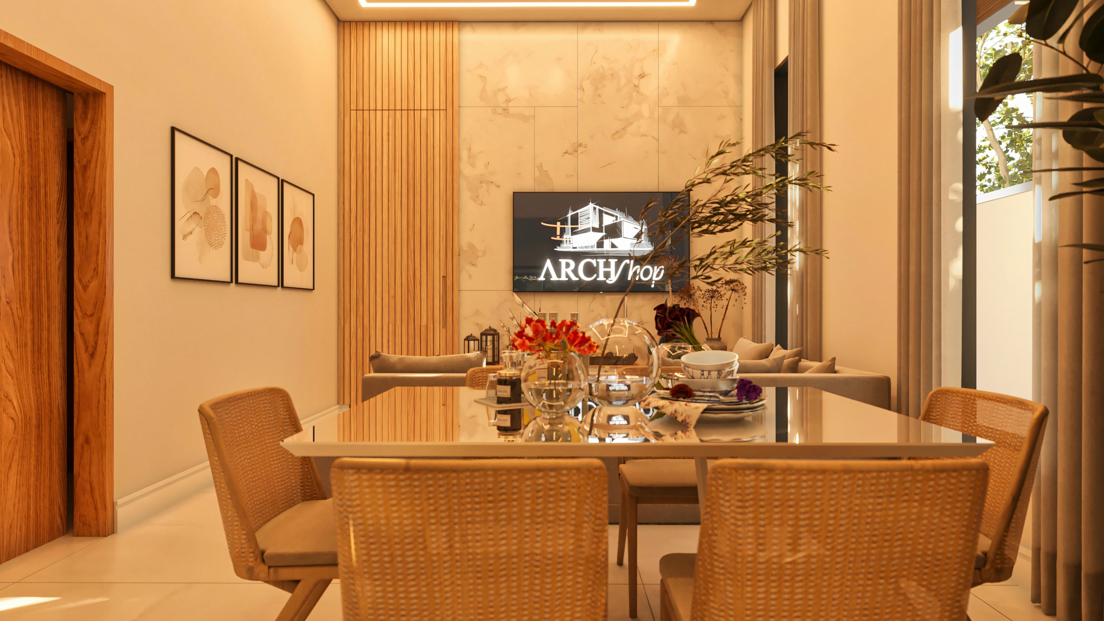 Sala de jantar moderna com mesa e cadeiras em fibra, com vista para a sala de estar e painel de TV ao fundo. Ambiente de uma casa com 3 quartos, 2 suítes e área gourmet.