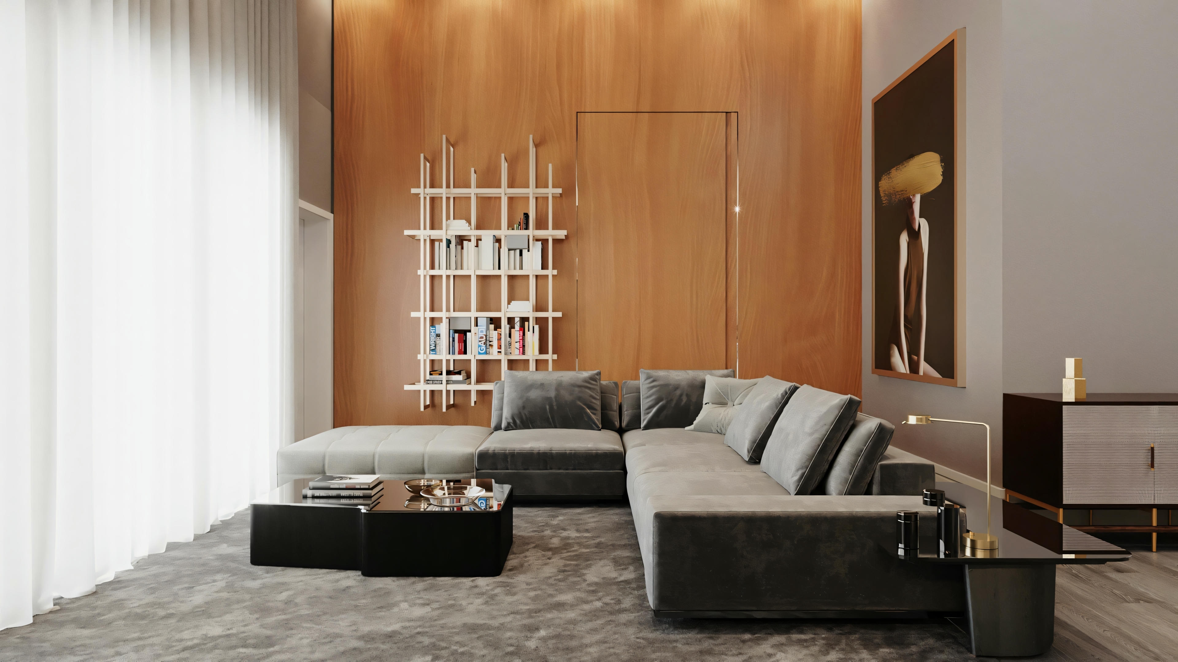 Renderizado de un salón con sofá y estanterías de libros.