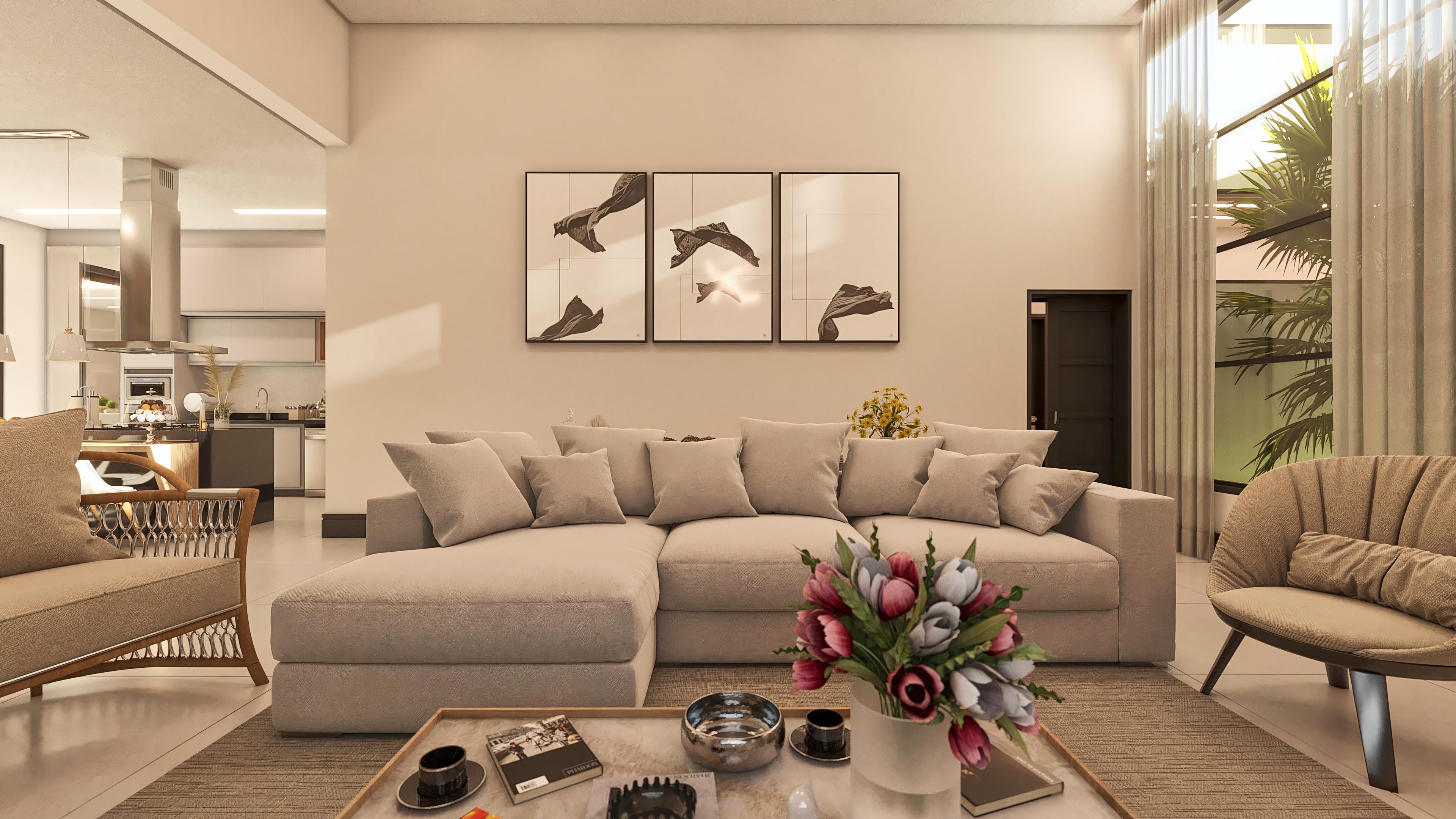 Interior of a modern living room integrated into a kitchen, with a comfortable sofa, armchair, and view of the outdoor area.