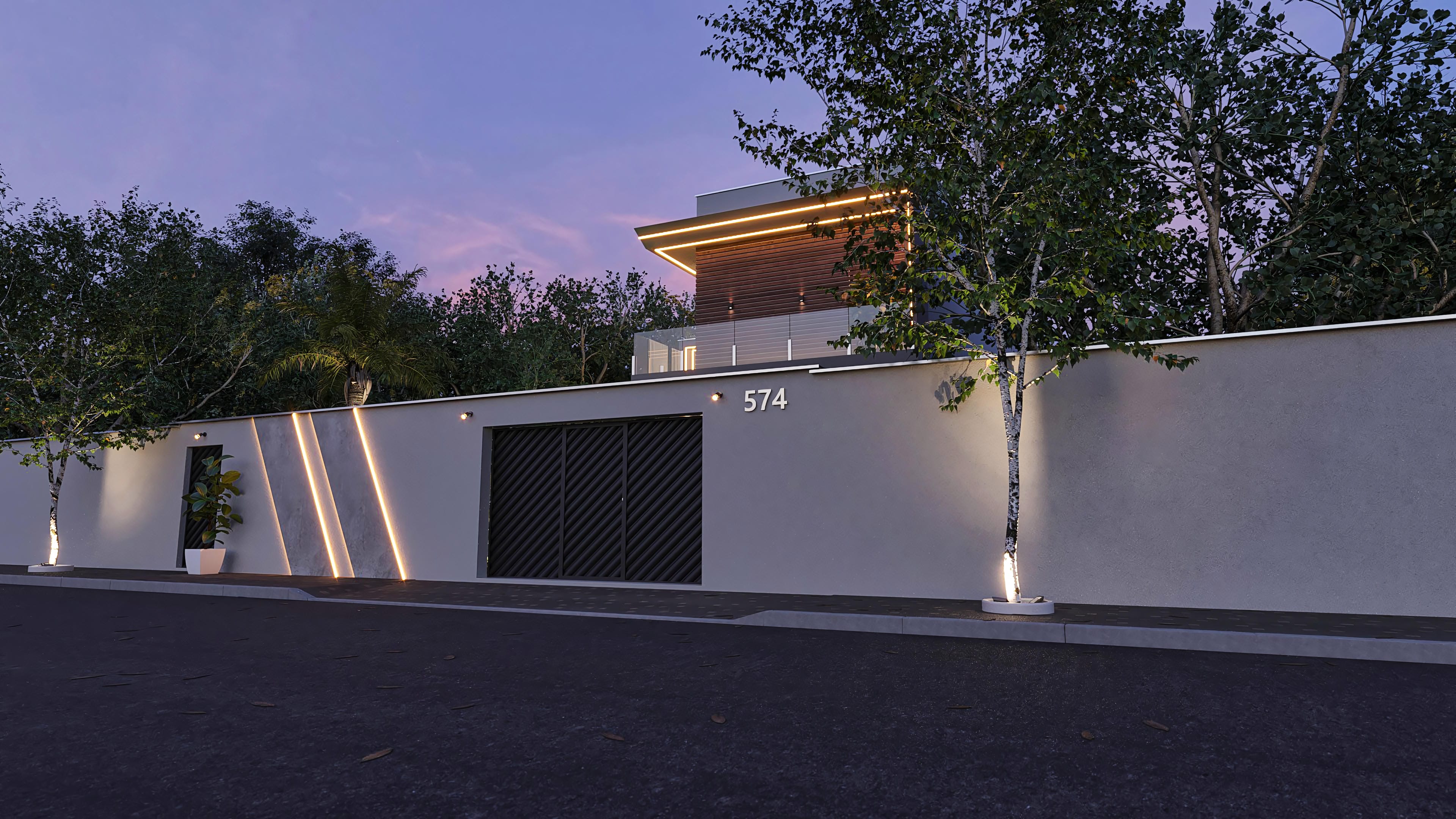 Fachada moderna de sobrado com 4 suítes, área gourmet e piscina. Destaque para iluminação indireta, portão amplo e detalhes em madeira.