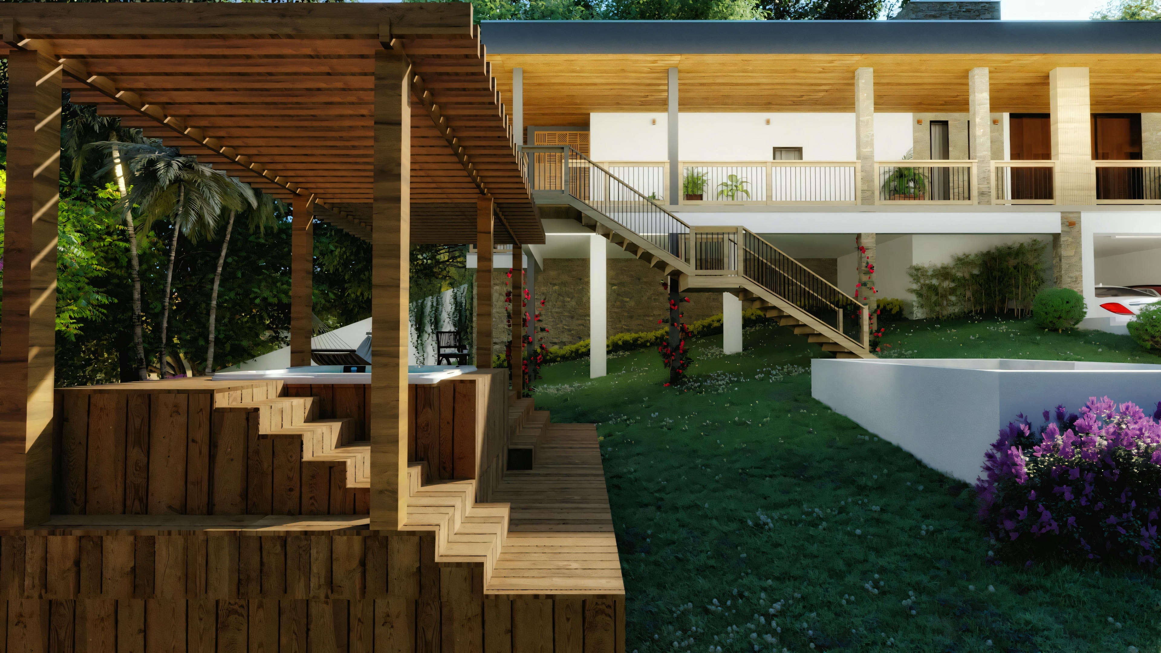 Área de ocio externa de la casa de campo con pérgola de madera, deck y vista a la naturaleza.