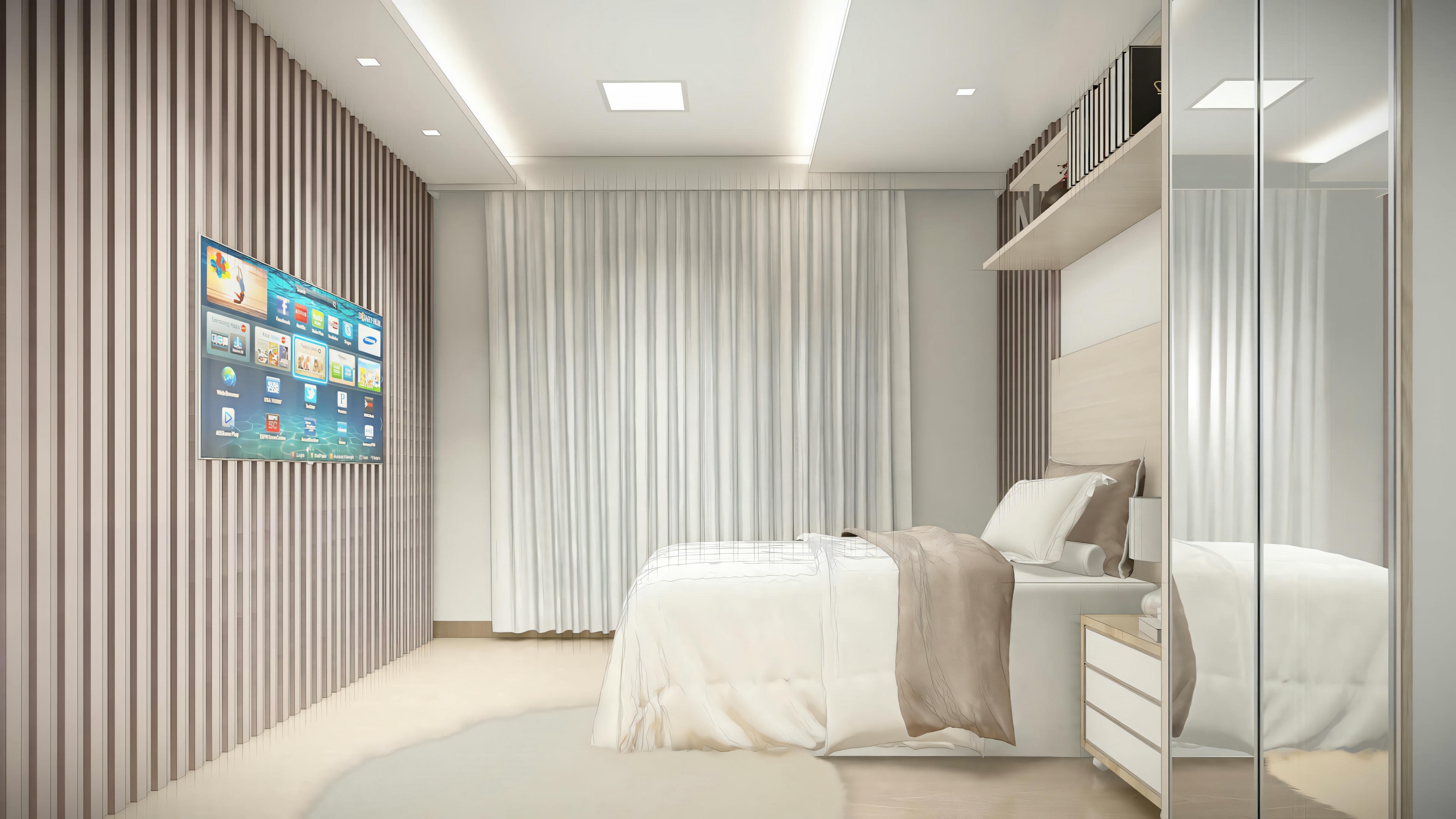 A bedroom with a soft color palette, light bedding, and a painting above the bed.