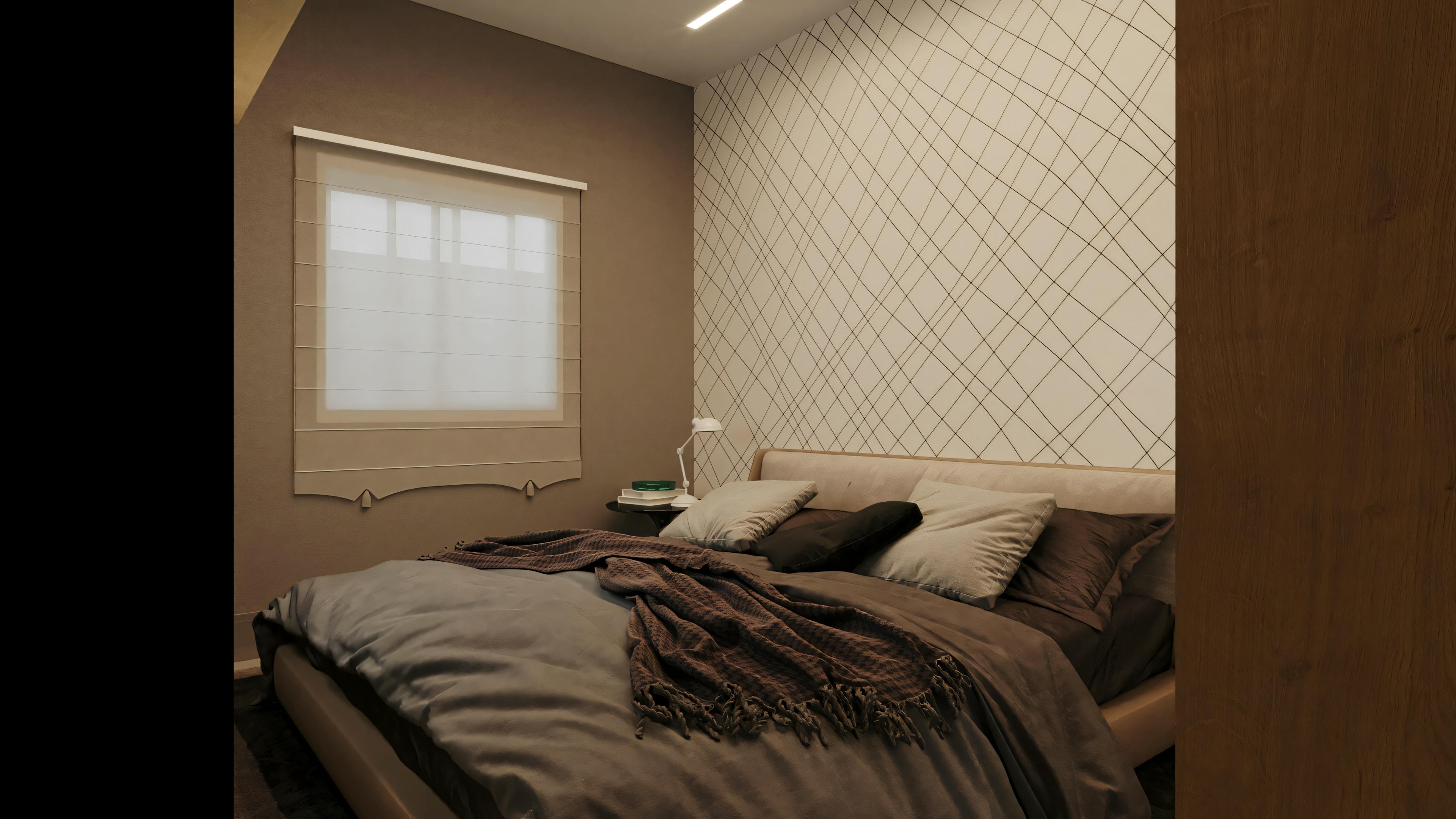 A bedroom with an unmade bed and wood panels on the wall.