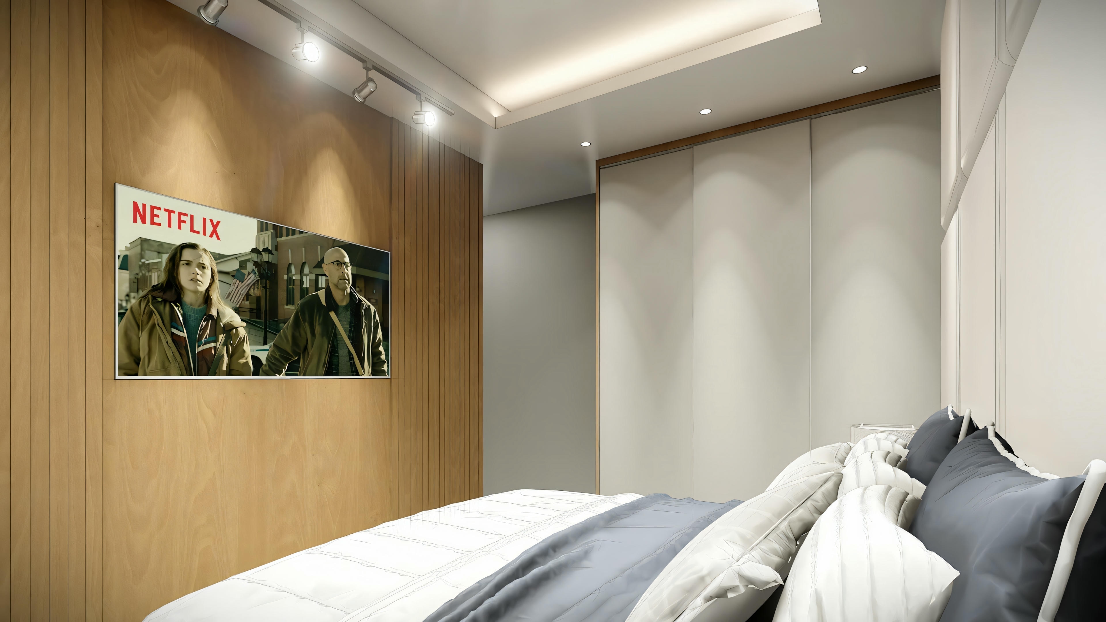 A bedroom with wood-paneled walls and a large poster above the bed.