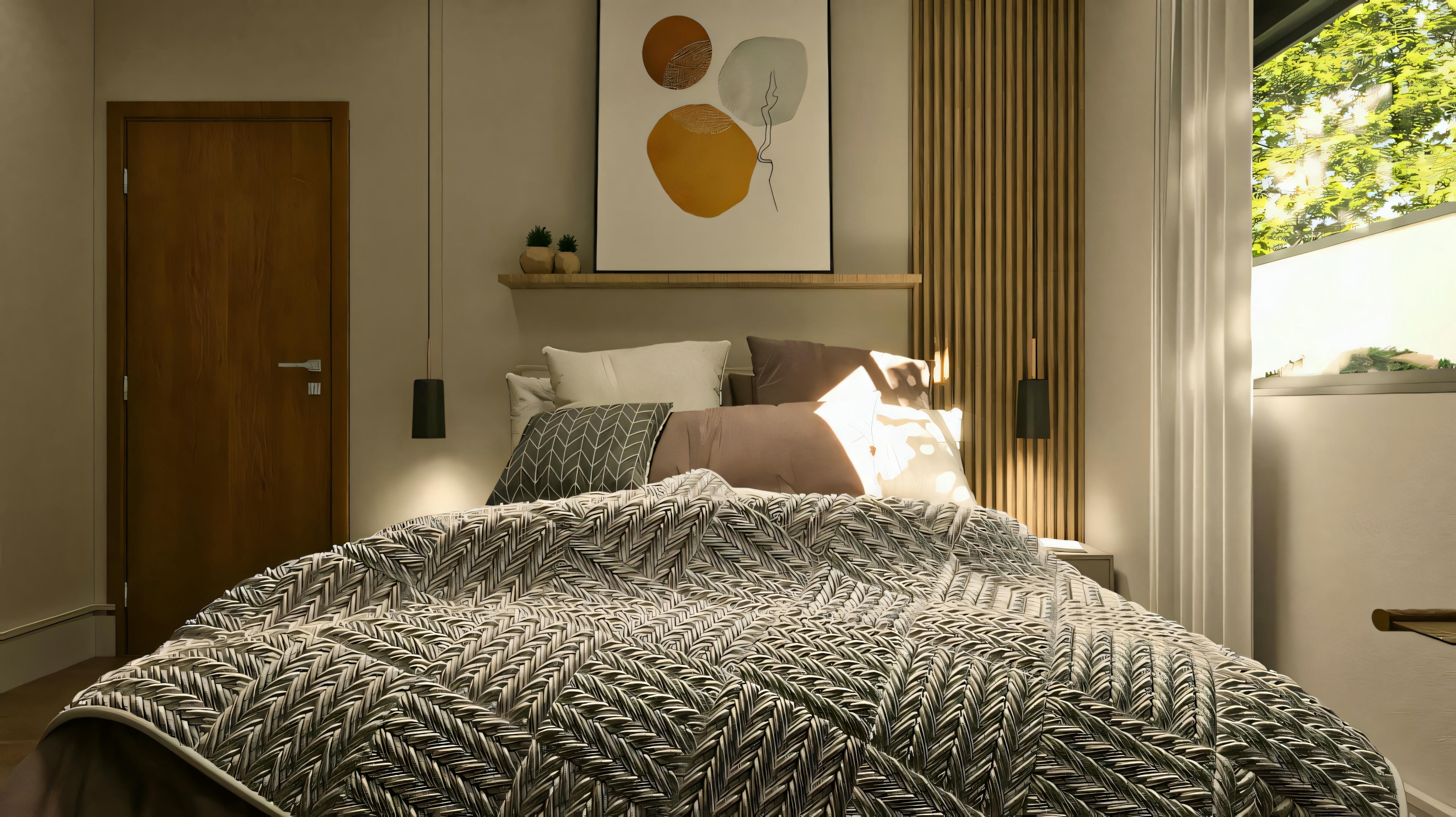 Cama de casal com cabeceira ripada.