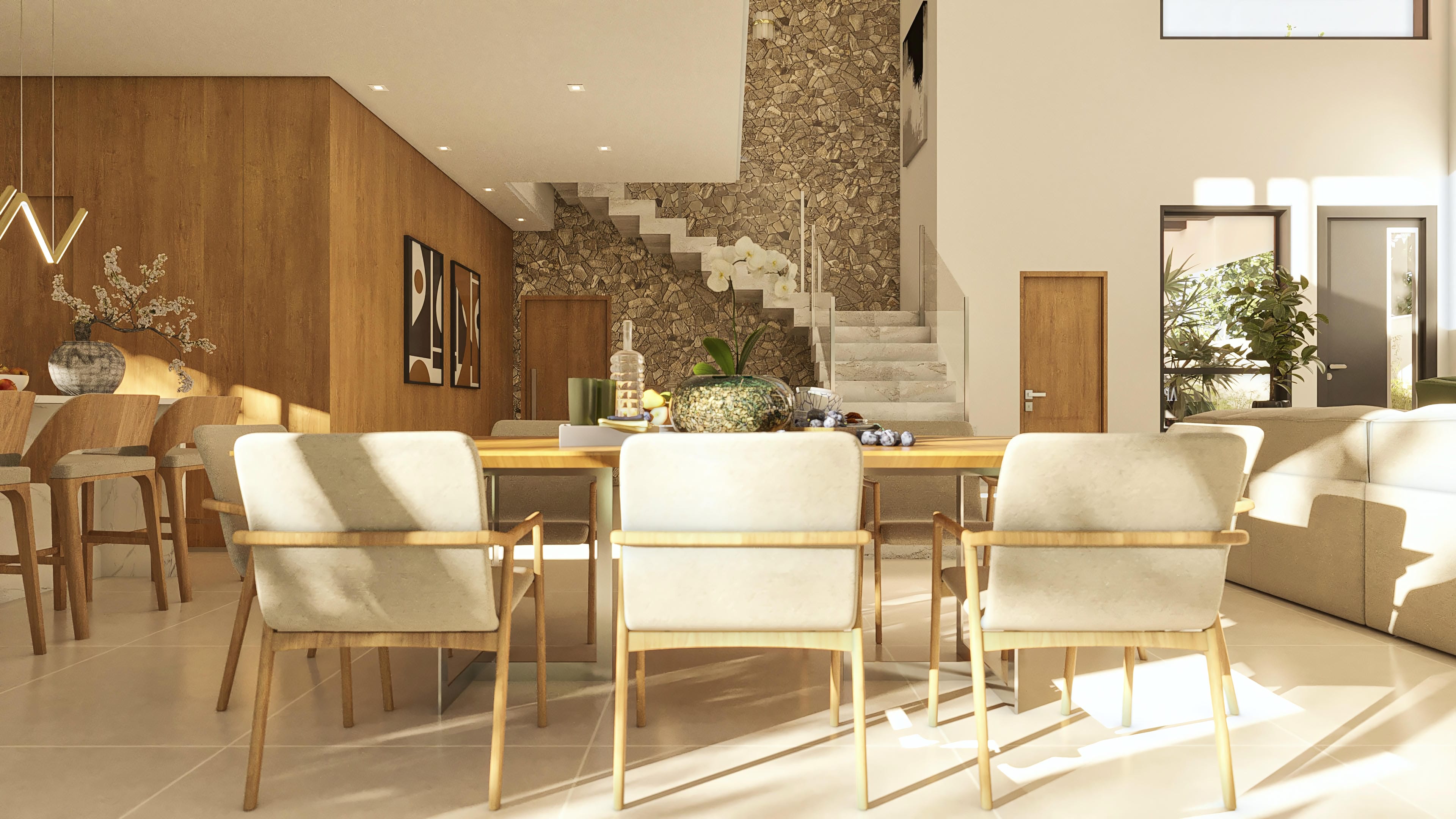 Ambiente interno de casa moderna con comedor y escalera imponente. Paredes en madera y piedra aportan calidez, con iluminación indirecta.