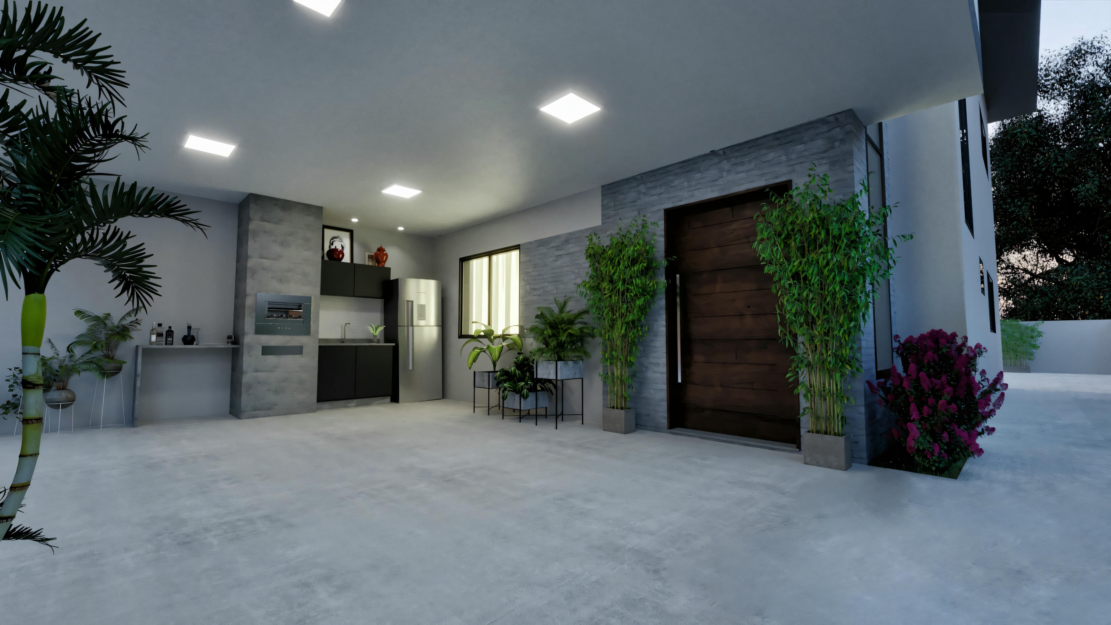 Uma casa moderna ao anoitecer com luzes internas acesas, destacando uma grande porta de garagem e uma área de entrada bem iluminada.