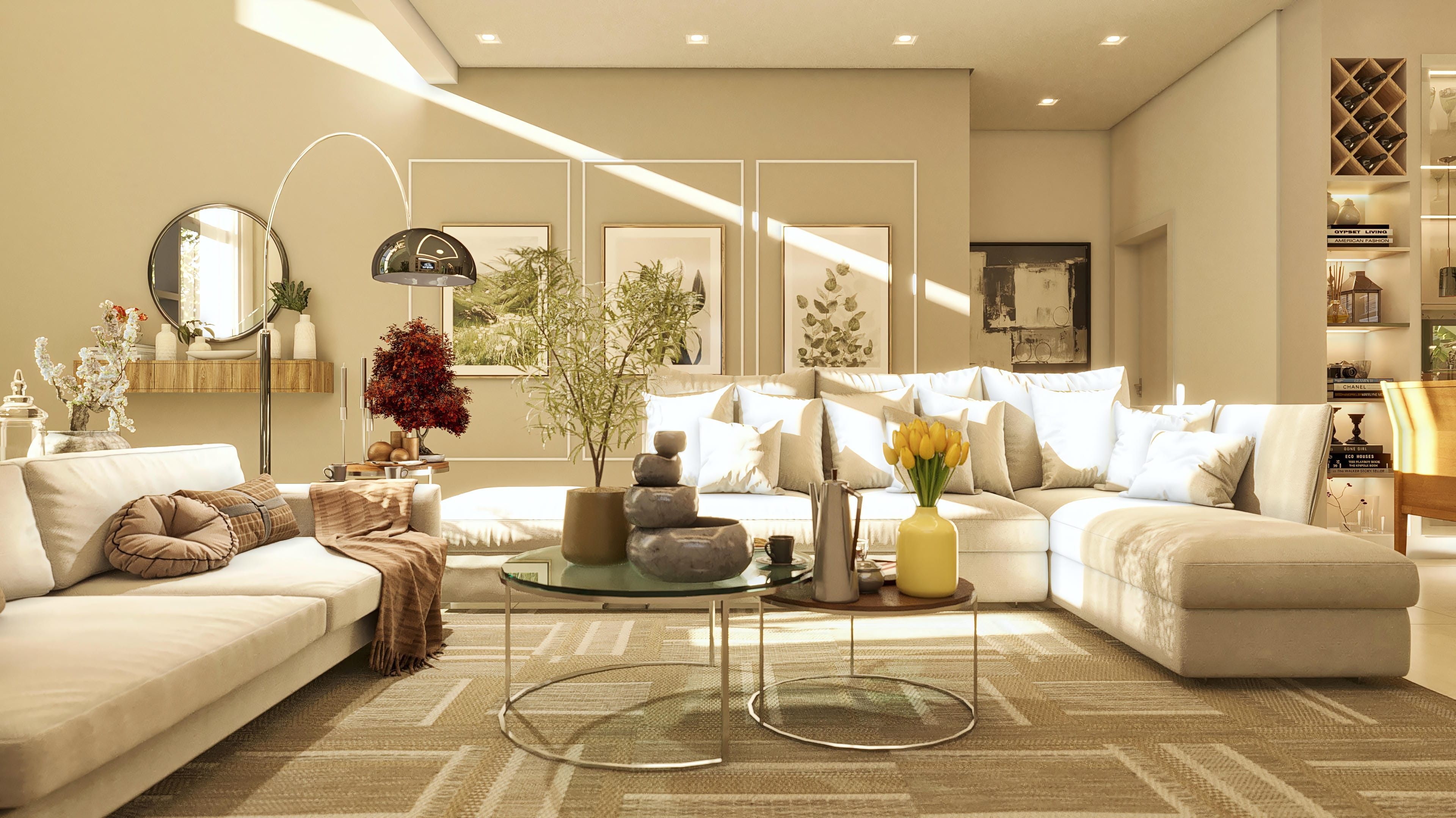 Elegant living room with light sofas, botanical artwork, and indirect lighting. Standing out are the textured rug and the shelf with a wine cellar.