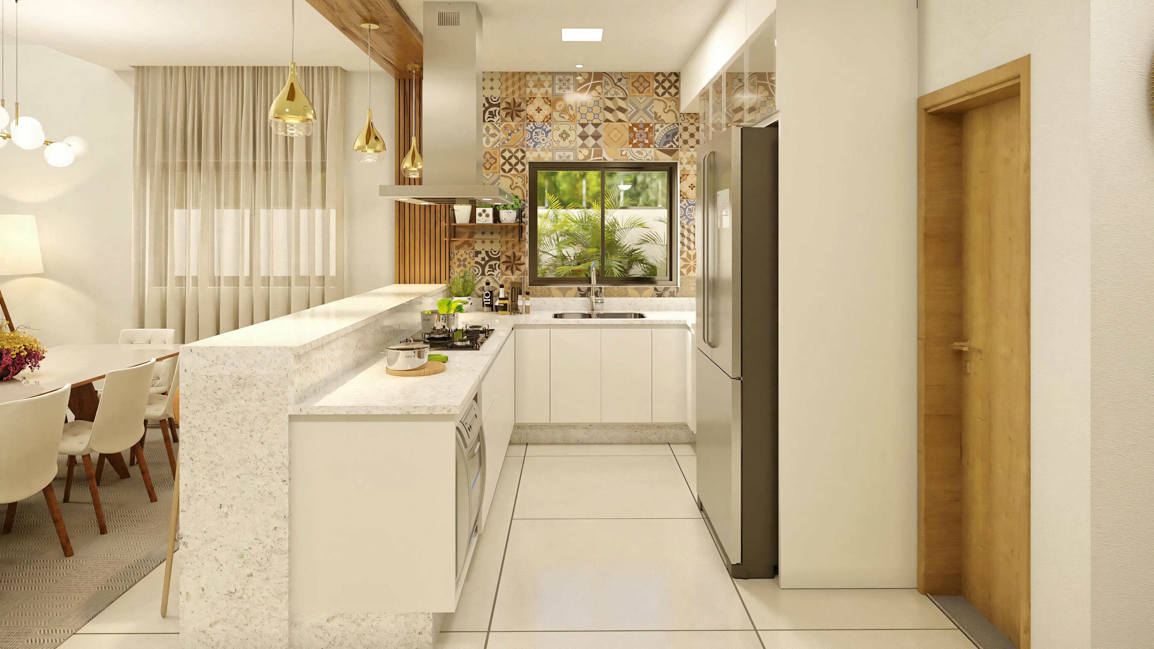 Una cocina con armarios de madera y electrodomésticos modernos.