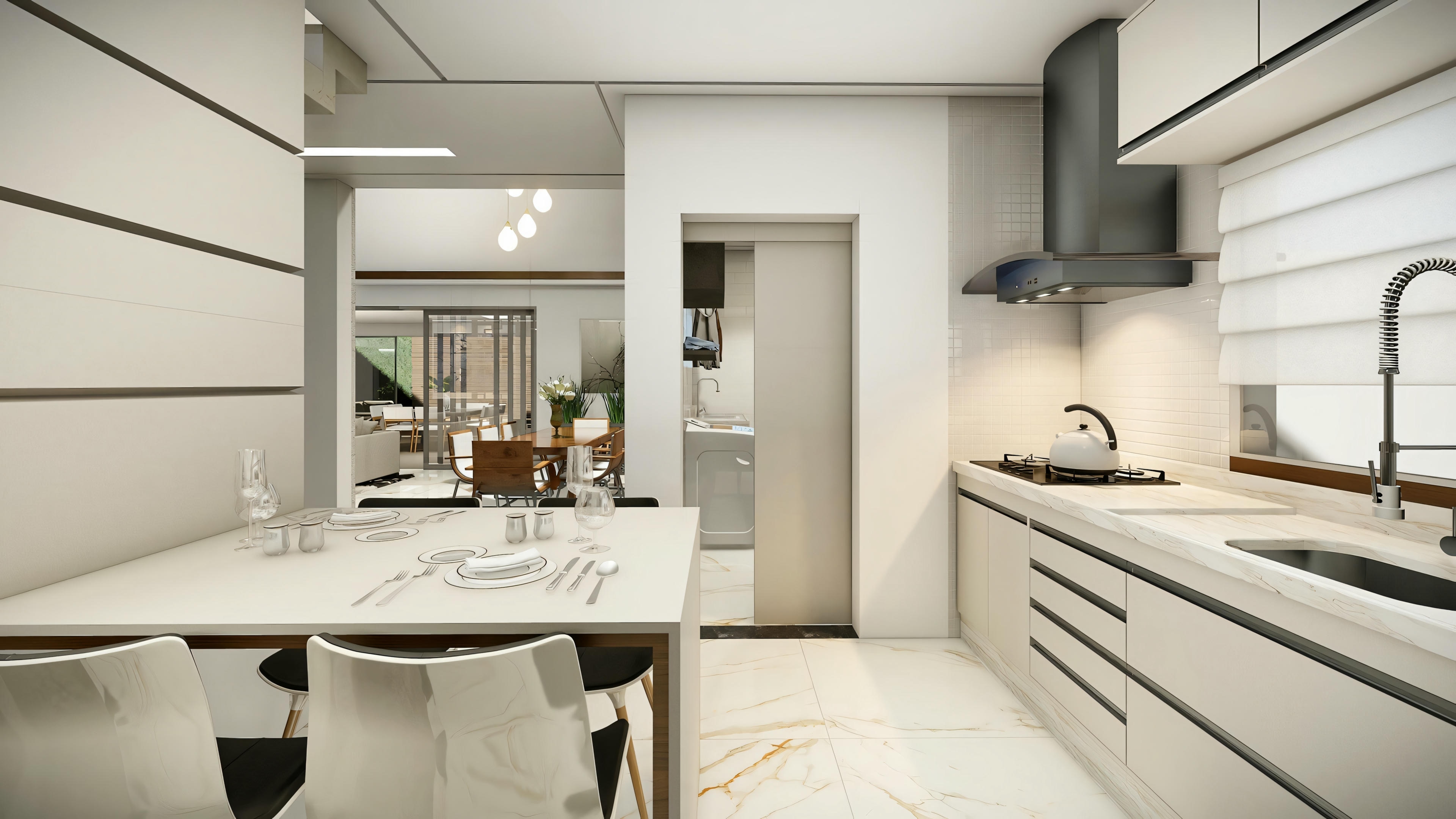 Cocina moderna con armarios blancos, encimera de madera y electrodomésticos de acero inoxidable.