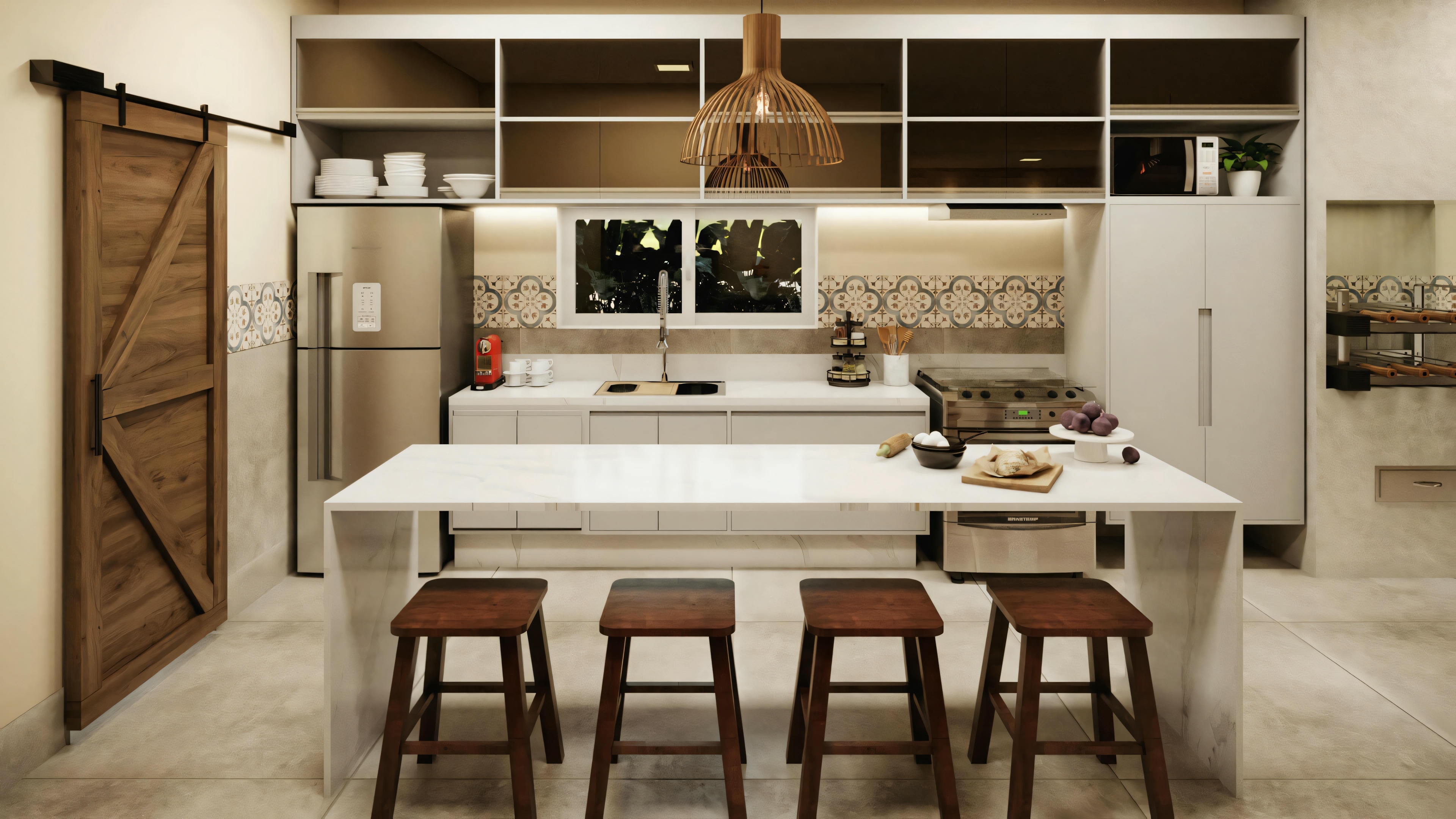 Cocina con isla, fregadero, banquetas, lámparas colgantes y armarios de madera al fondo.