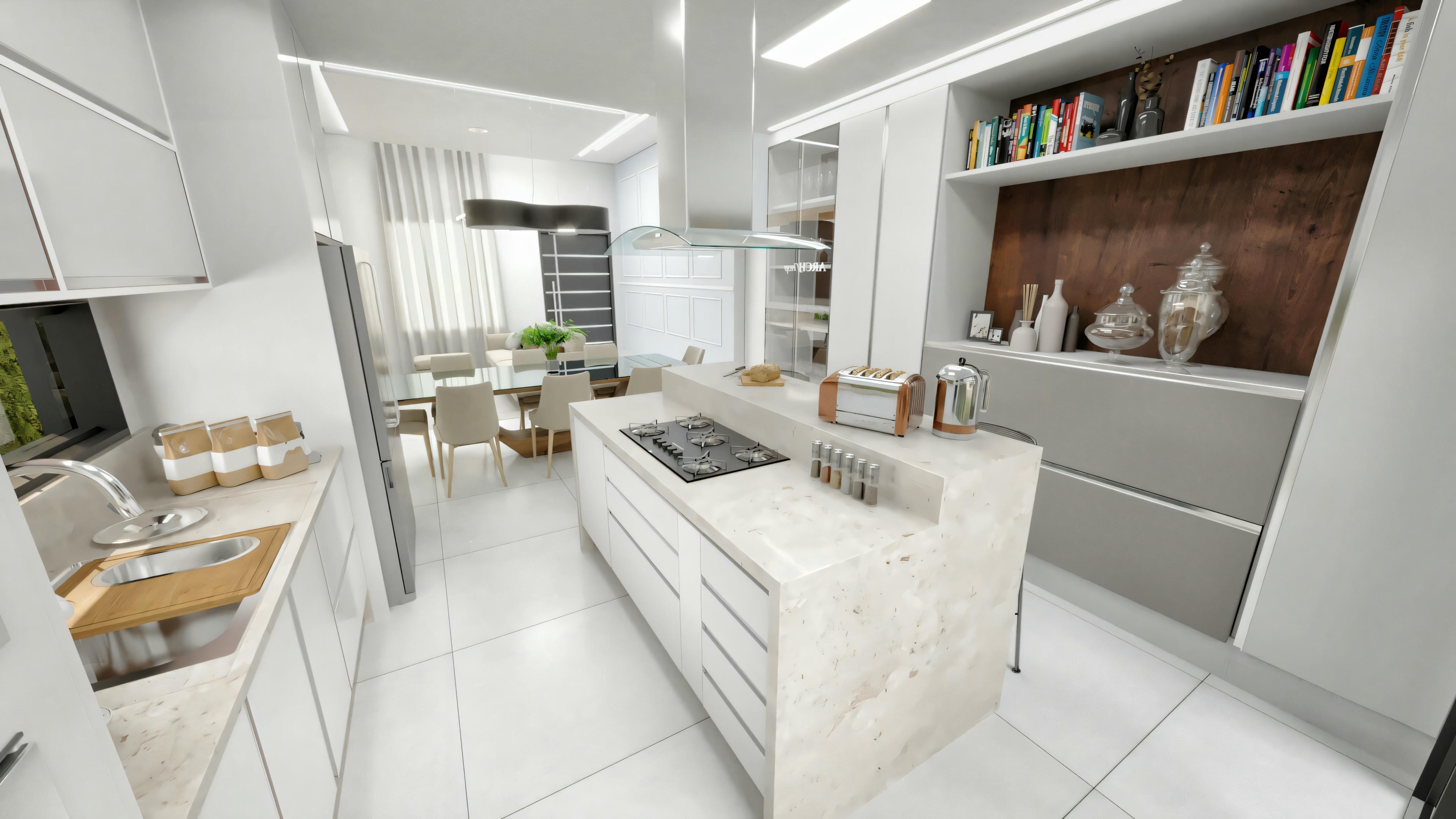 Una cocina moderna con encimeras blancas, taburetes y estantes llenos de diversos artículos.