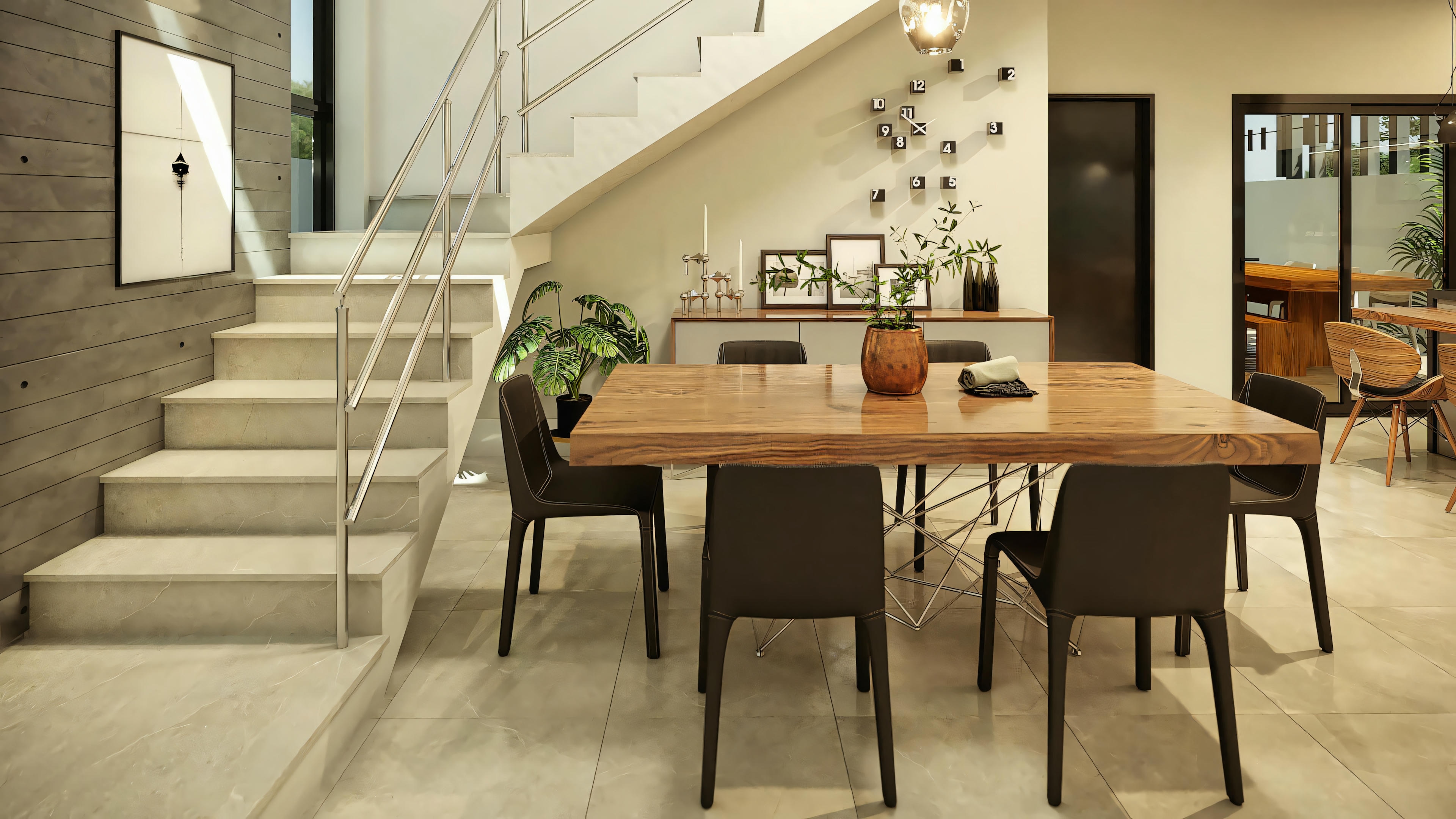 Cocina moderna y espaciosa con zona de comedor integrada, presentando muebles contemporáneos y electrodomésticos empotrados.