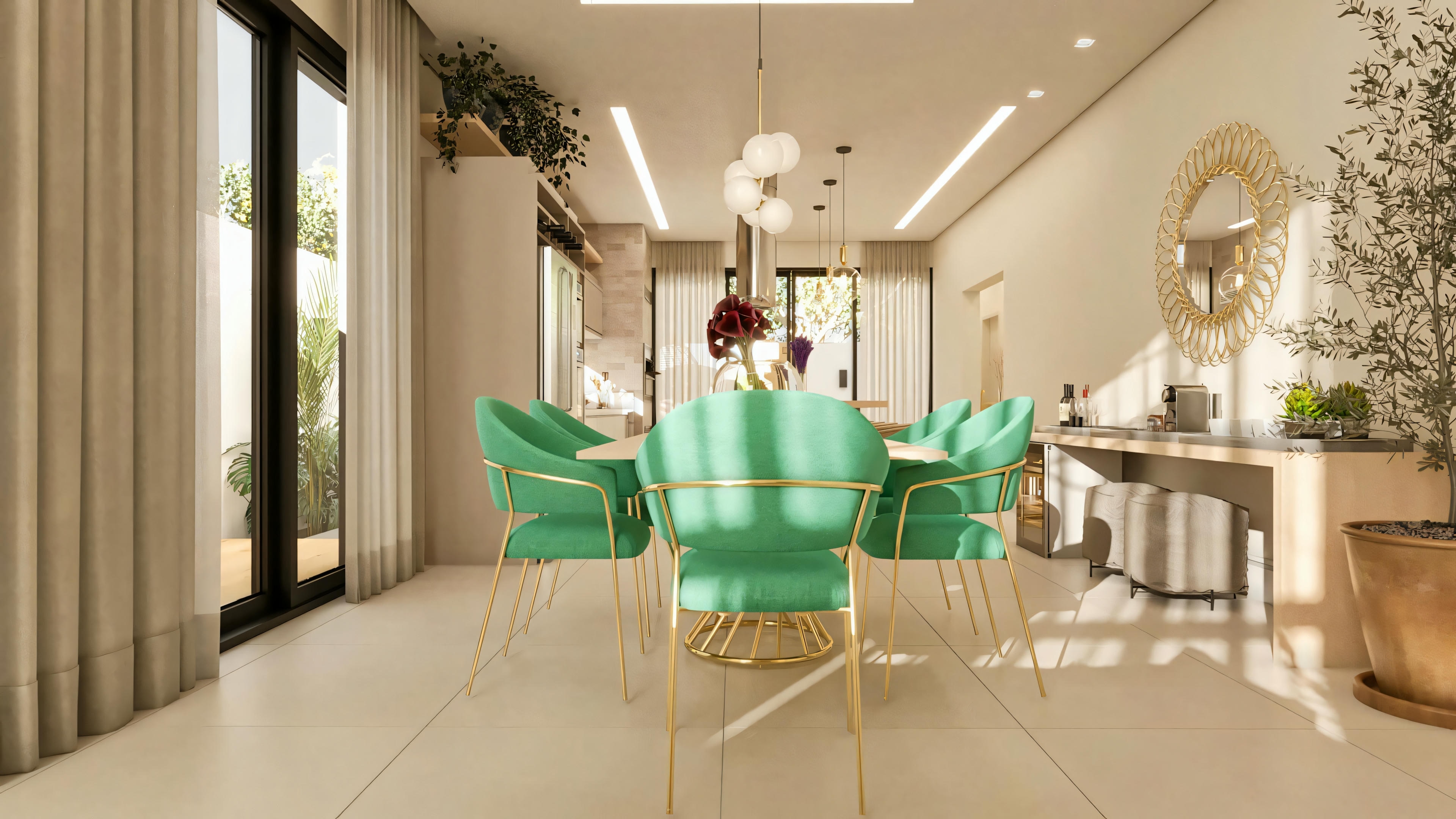 Ambiente amplio e integrado del comedor con el rincón bar/vinoteca en proyecto de casa de una planta con 3 habitaciones (3 suites) y 196m². Destaque para mesa de comedor con sillas verdes, encimera con vinoteca, espejo decorativo y grandes puertas de vidrio que dan acceso al área externa.
