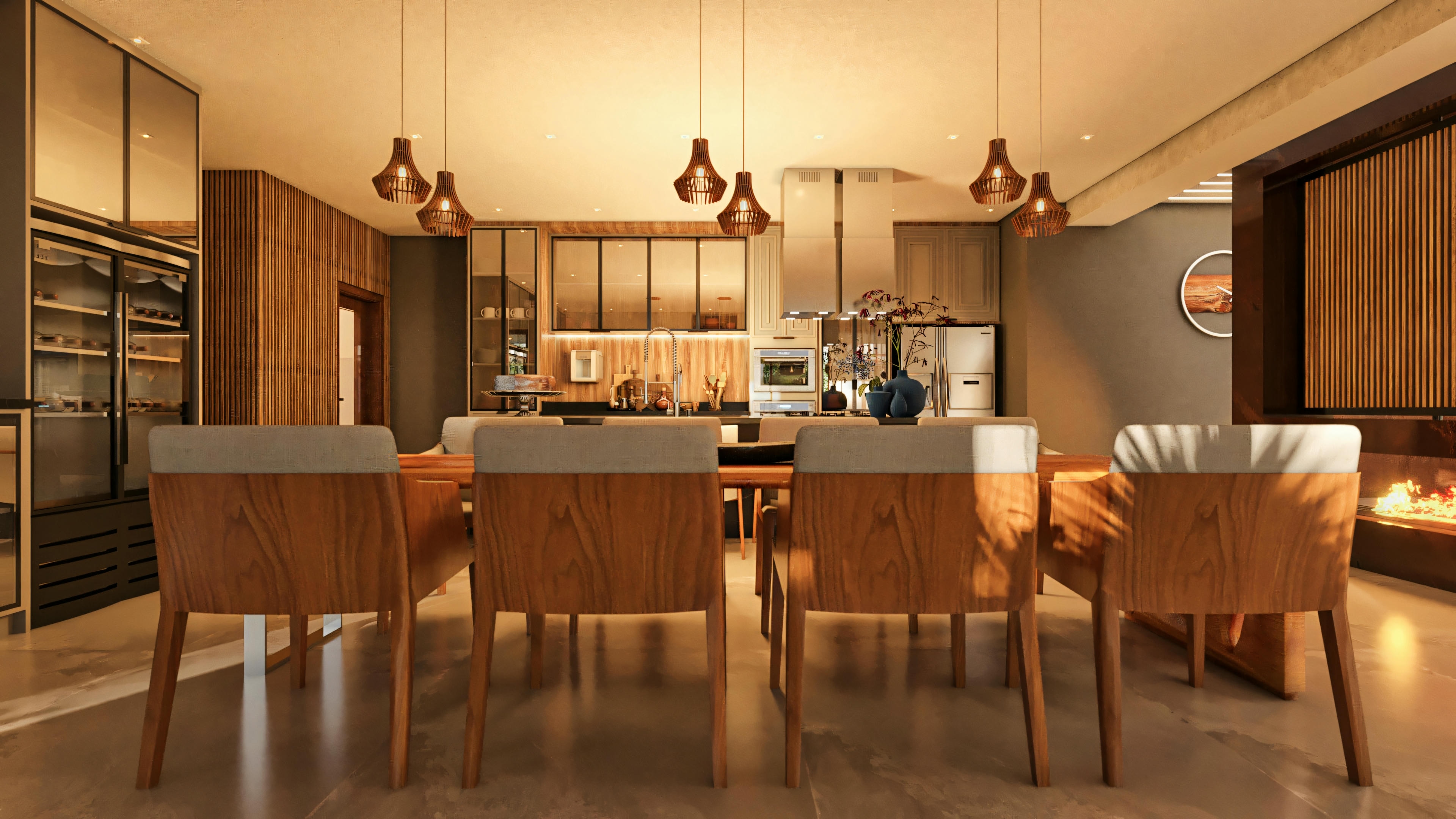 Comedor y cocina gourmet integrados en casa de lujo con 4 suites, presentando mesa de comedor de madera con sillas de diseño, lámparas colgantes modernas de madera, cocina planeada con armarios e isla, bodega climatizada y panel de madera laminada al fondo.