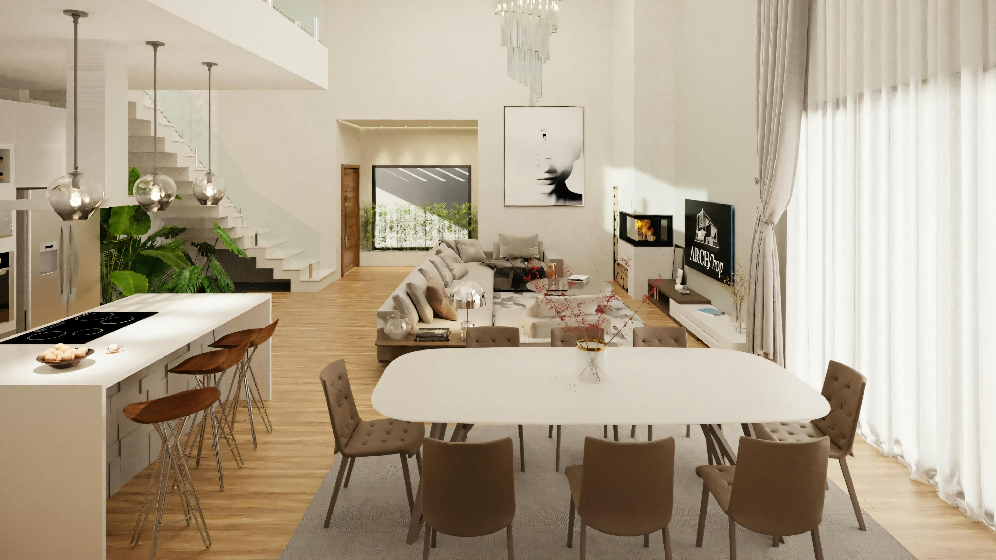Un comedor conectado a la cocina, con una mesa larga y sillas alrededor, además de una encimera con taburetes.