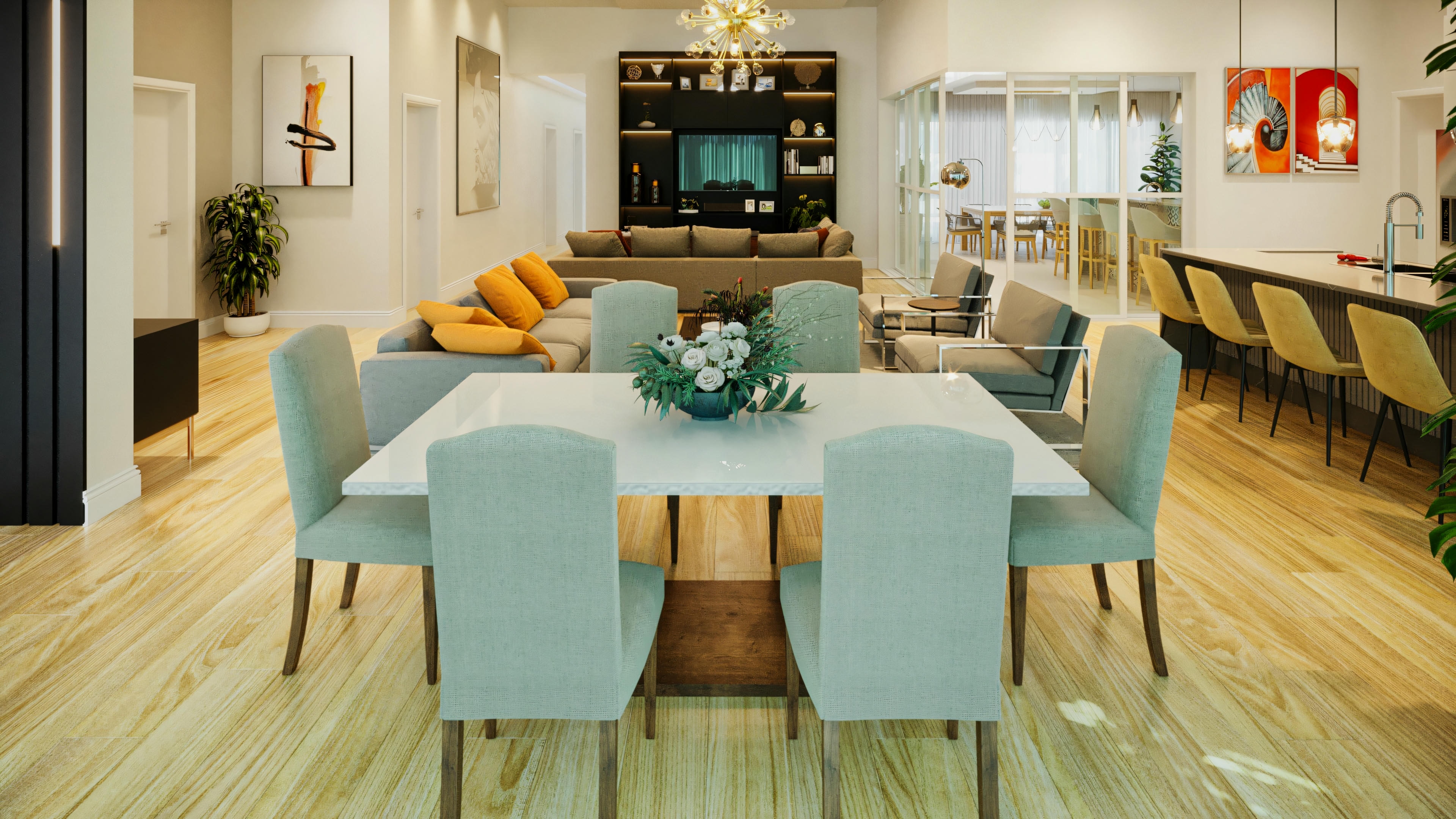 Comedor integrado al living en casa de alto padrão con 3 suites, piscina y zona gourmet. La imagen muestra la mesa de comedor con sillas tapizadas, y al fondo, la sala de estar, cocina y oficina, evidenciando la amplitud y el diseño del área social de 335.08m².