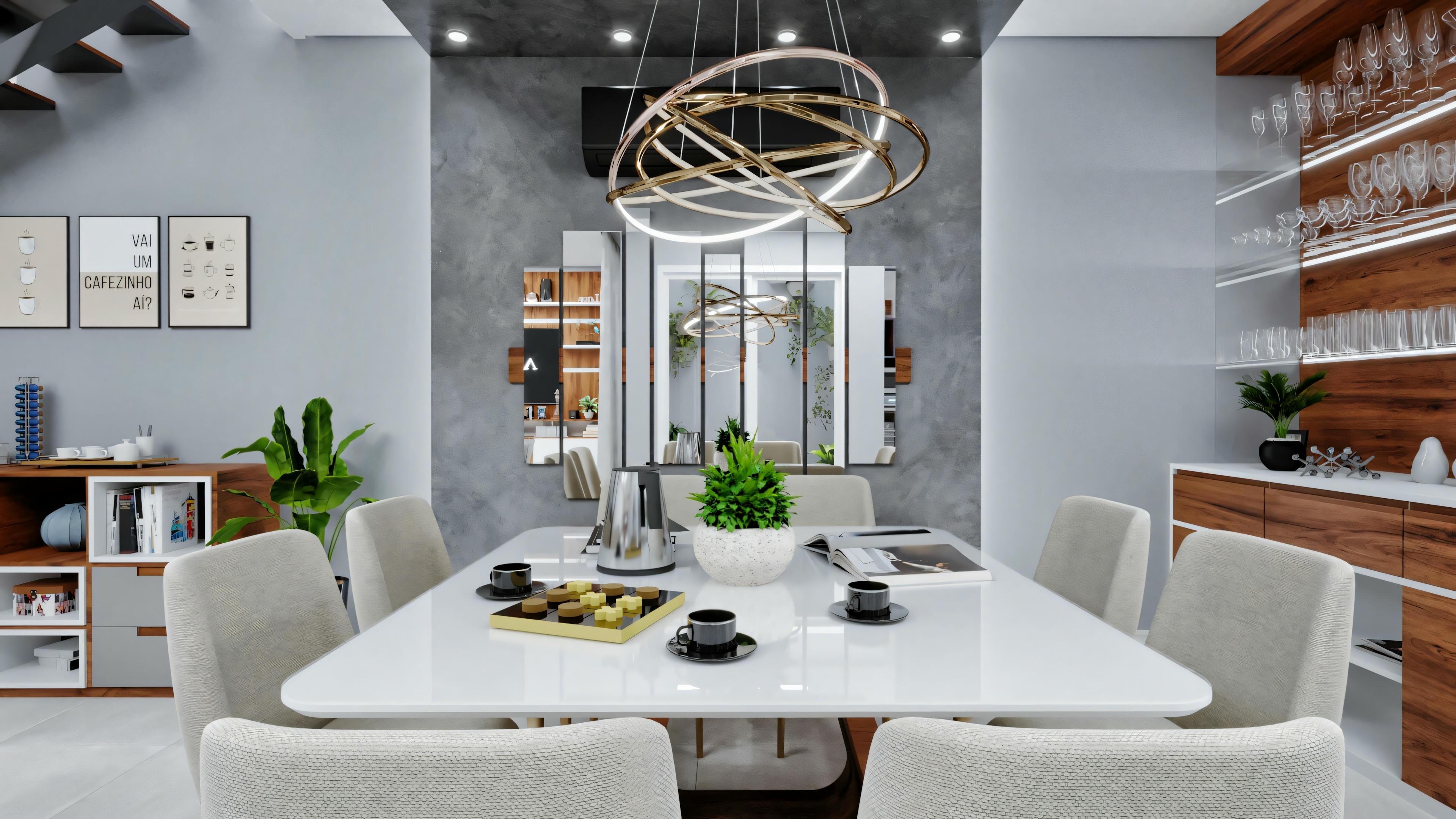 Un comedor moderno con una mesa blanca rodeada por seis sillas beige. Sobre la mesa, hay una lámpara de techo circular artística. La habitación tiene paredes grises y, a un lado, hay estanterías de madera con varios elementos decorativos.