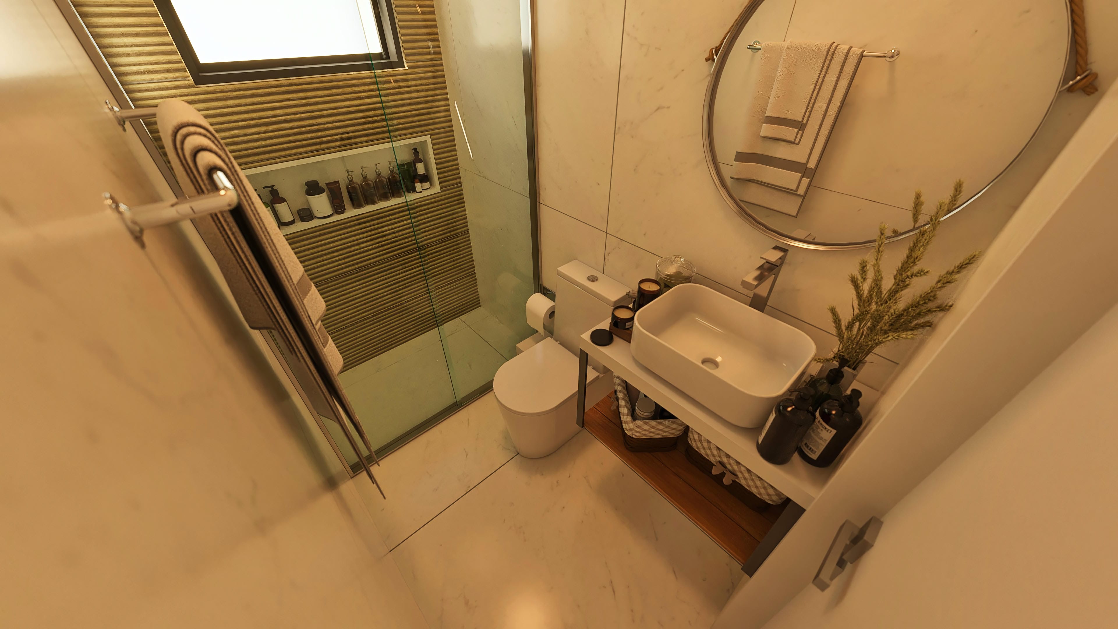 Details of a modern bathroom with a white counter, vessel sink, round mirror, and a niche with toiletries. Marble cladding and wooden details bring elegance and coziness.