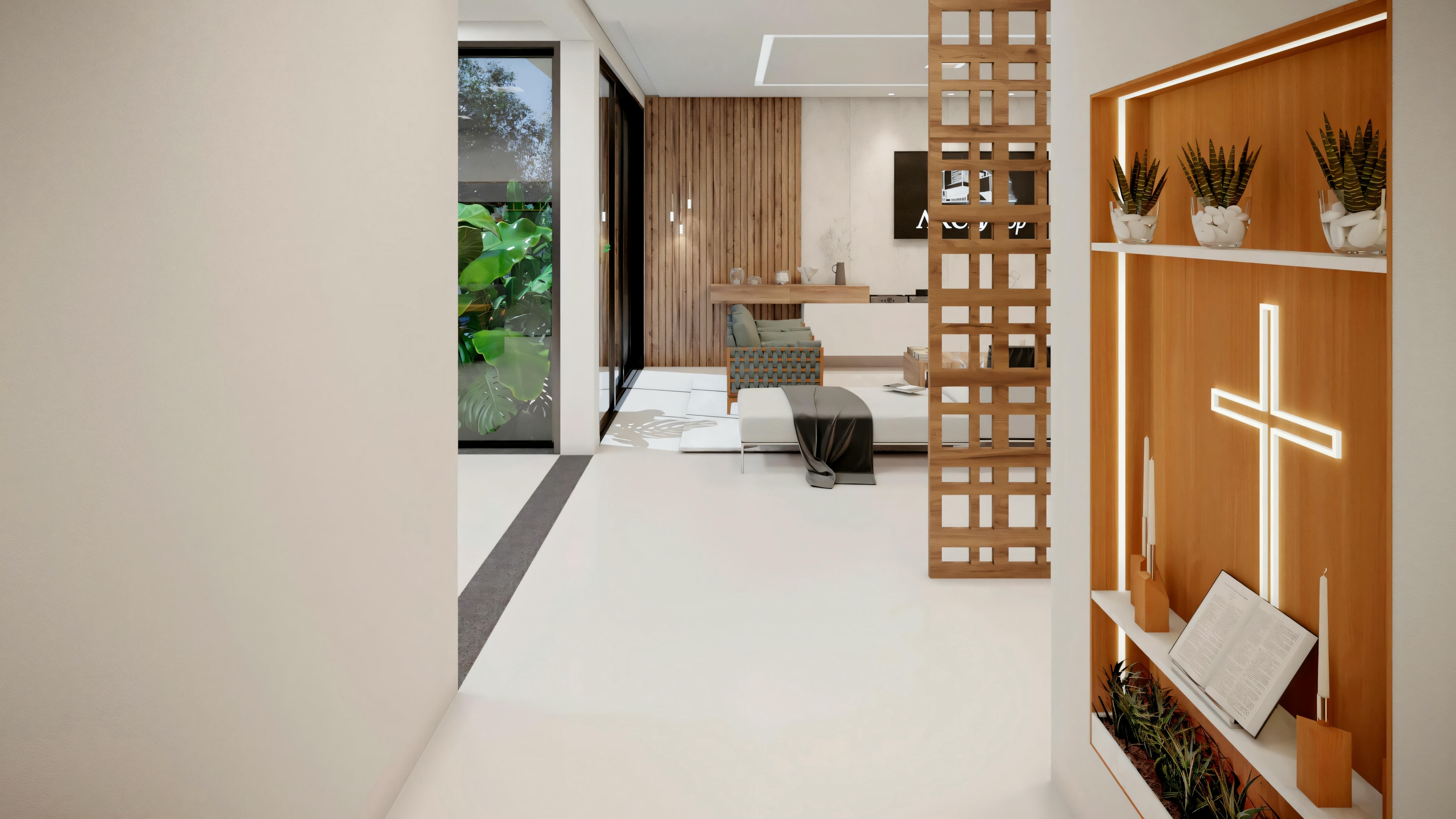 Corredor interno de uma casa com pisos de madeira, paredes pintadas em cores claras e portas em ambos os lados; bem iluminado com luzes de teto.