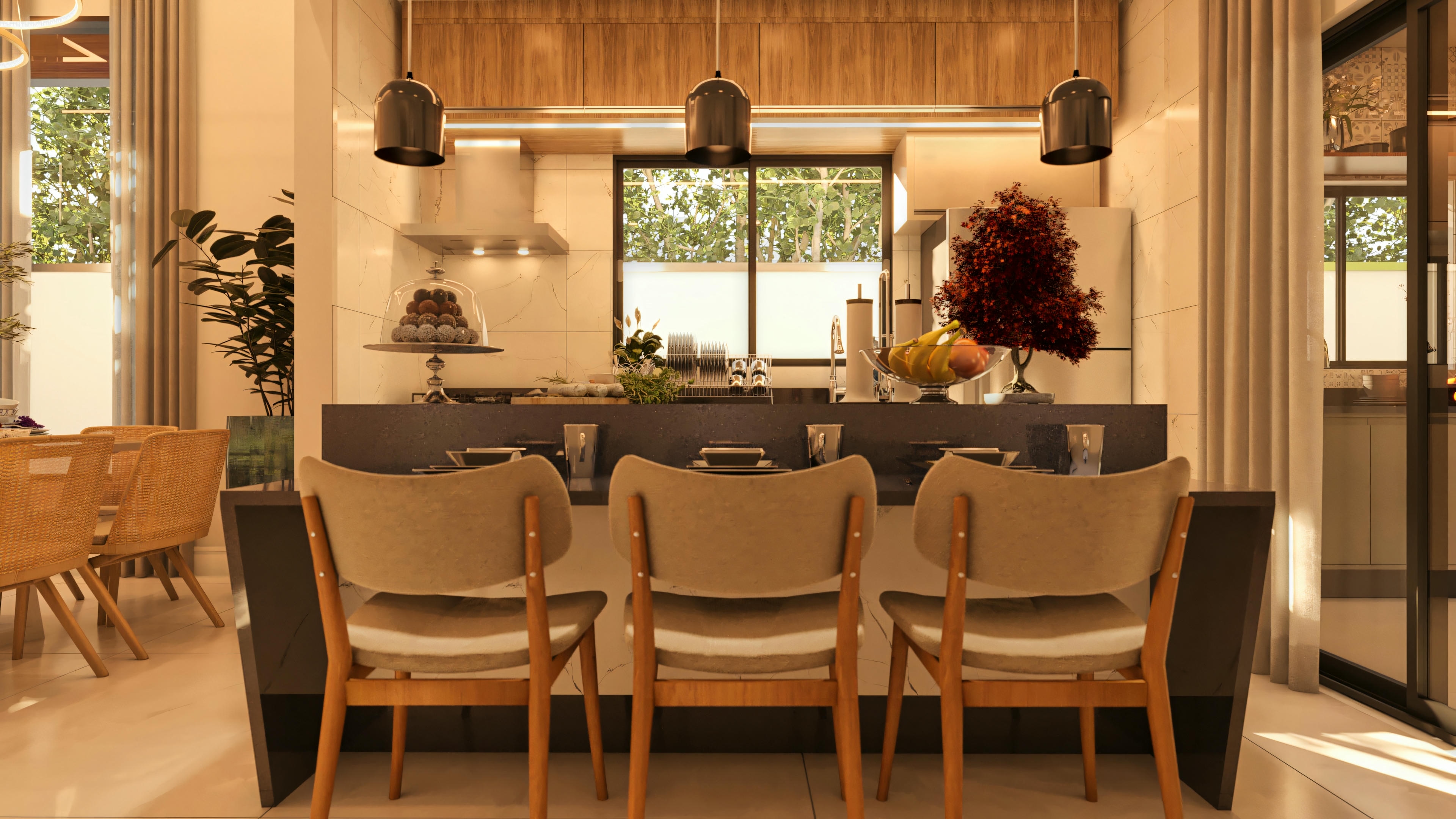 Cozinha moderna com ilha central para refeições, equipada com banquetas. Vista para armários planejados, coifa e bancadas. Parte de uma casa de 3 quartos, 2 suítes e área gourmet.