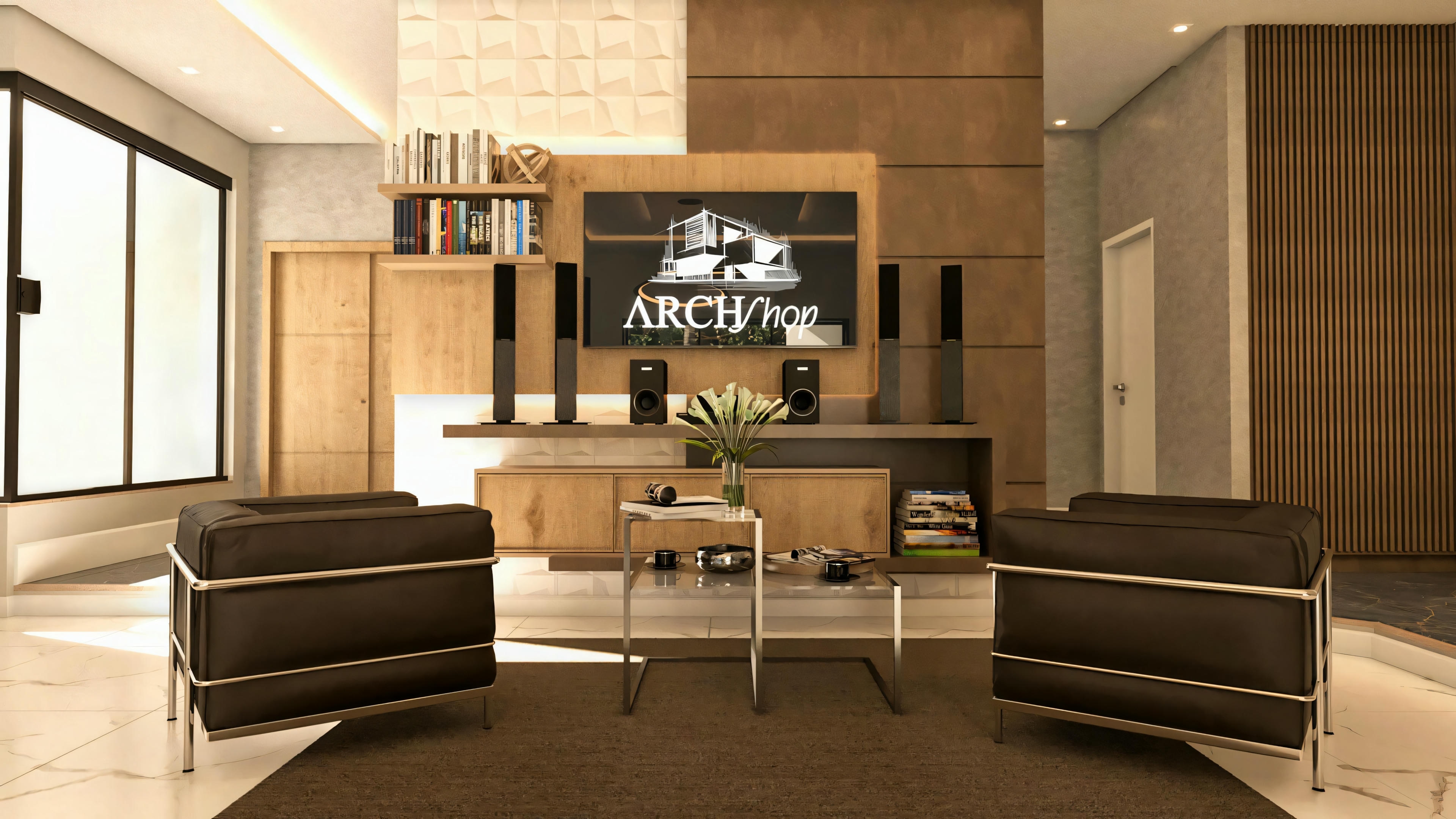 TV/living room in a bungalow house project with 3 suites; modern TV panel with 3D cladding and wood, home theater, designer armchairs, and planned lighting.