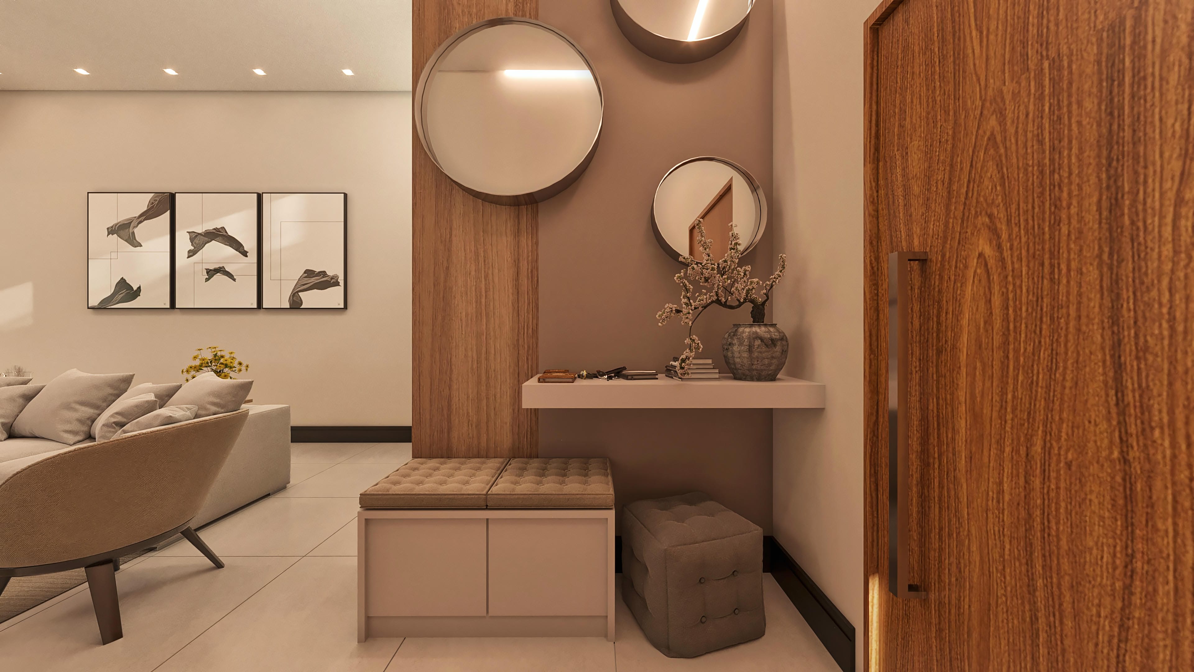 Detalhe de entrada com porta de madeira, espelhos circulares e nicho para objetos decorativos, complementando a arquitetura moderna.