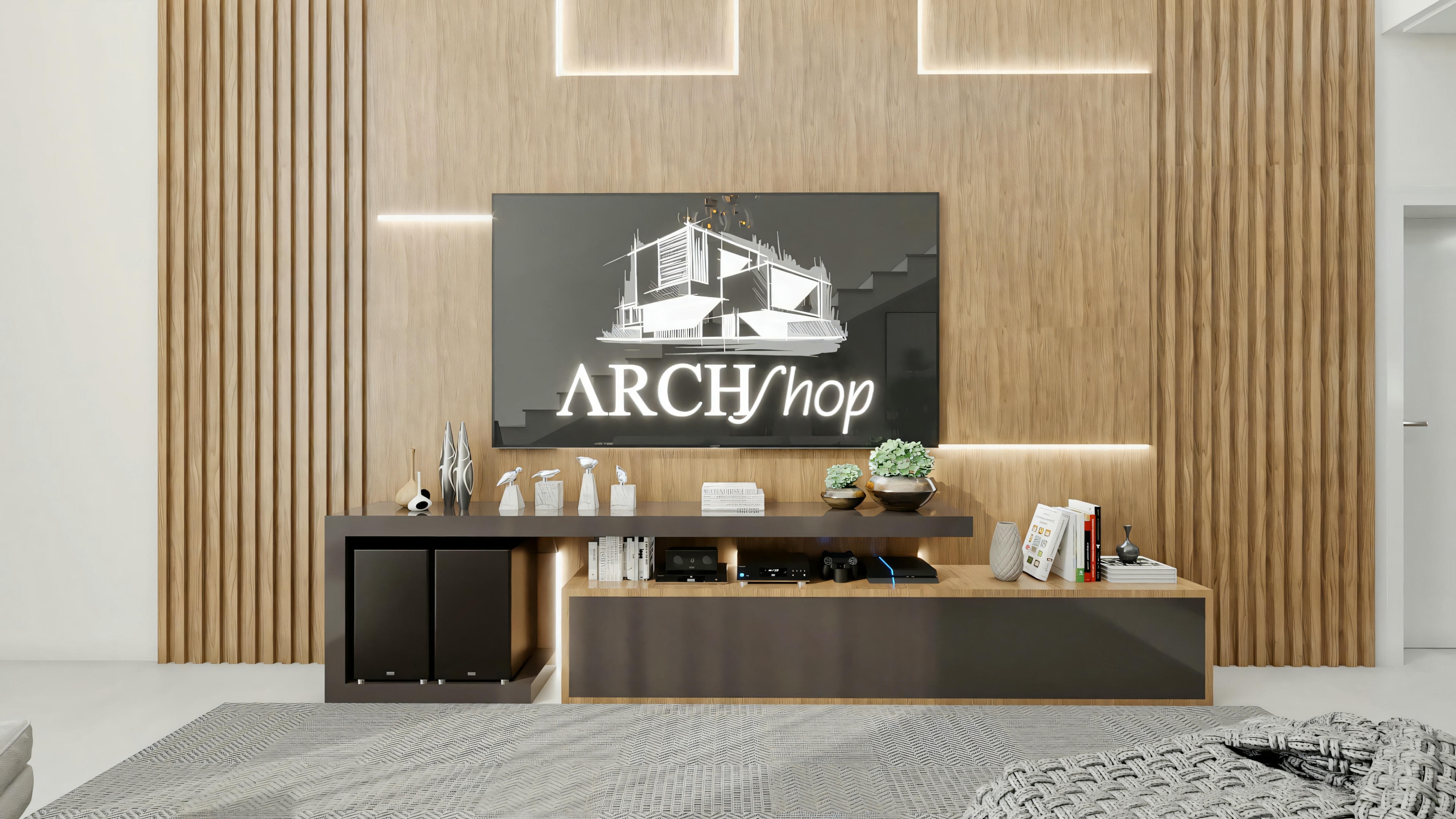 Detalle del panel de TV en el salón del proyecto ArchShop con 3 suites. Mueble moderno con revestimiento en madera clara, detalles en listones verticales, iluminación LED empotrada y estante funcional. Diseño de interiores para casa contemporánea con piscina.