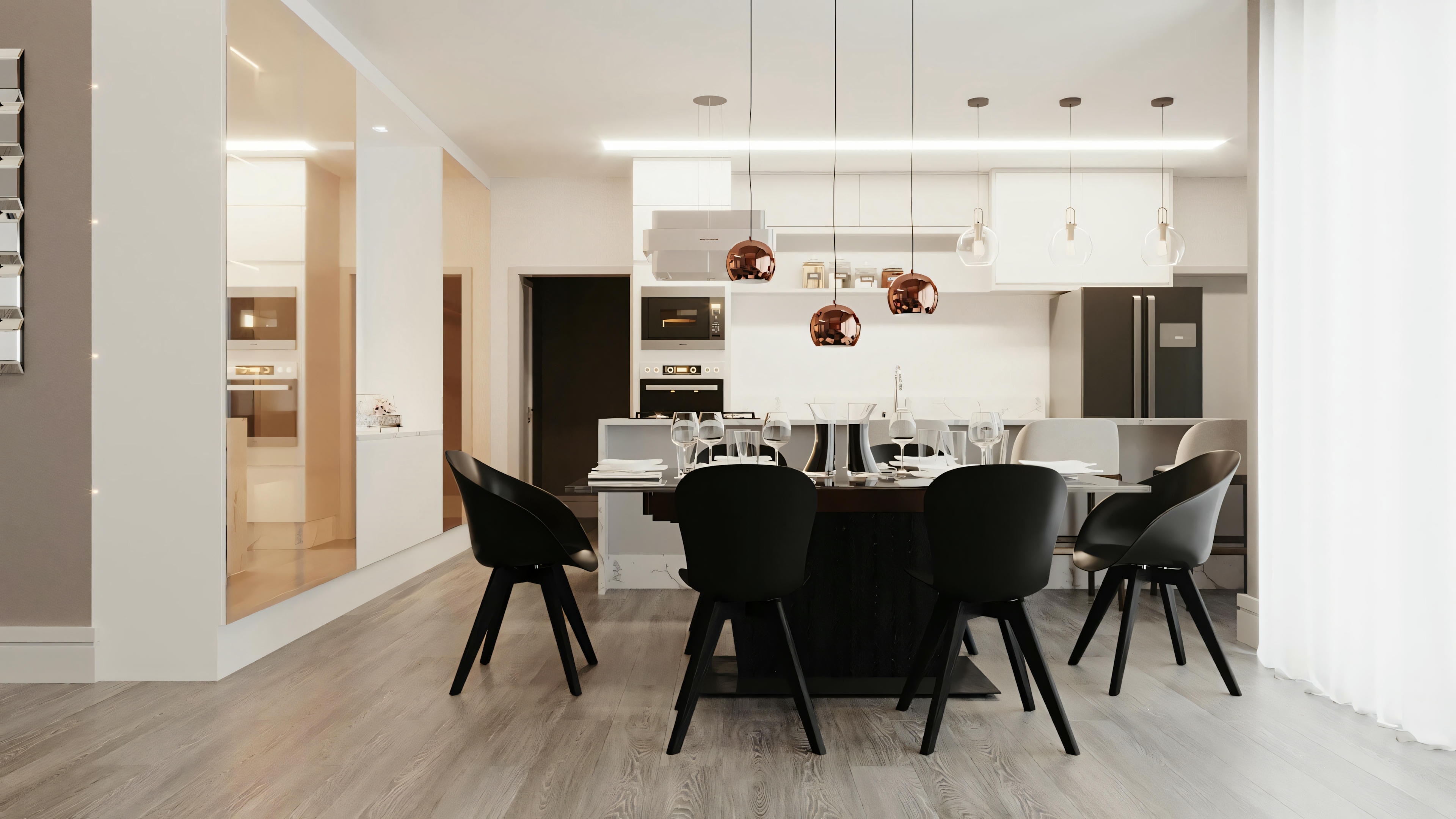 A dining area with a table and chairs, leading to a kitchen with white cabinets and modern appliances.