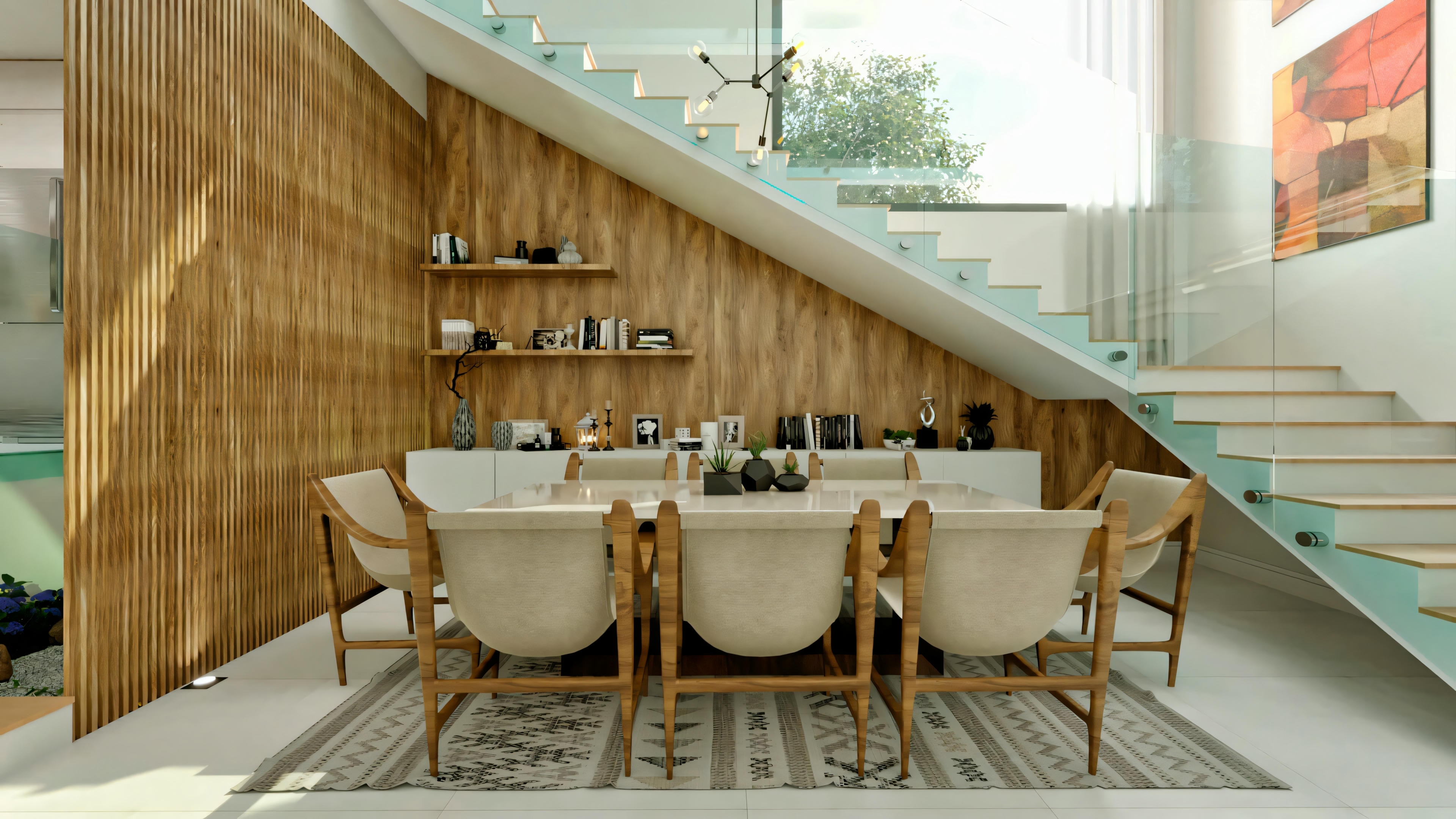 Dining area with a wooden wall, table for six, and modern chairs, with artwork on the wall.