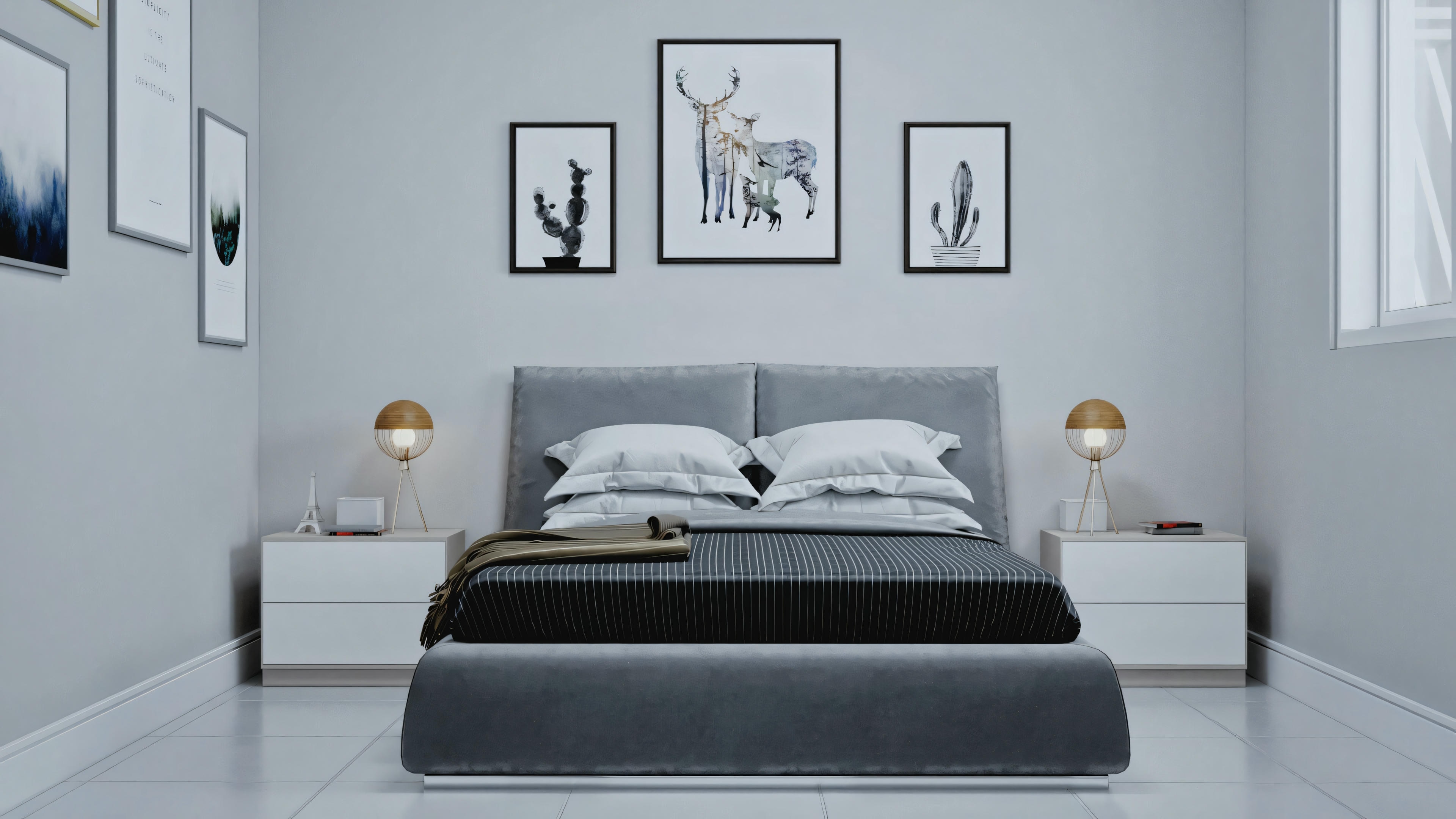 Quarto elegante com cama grande e decoração estilosa.