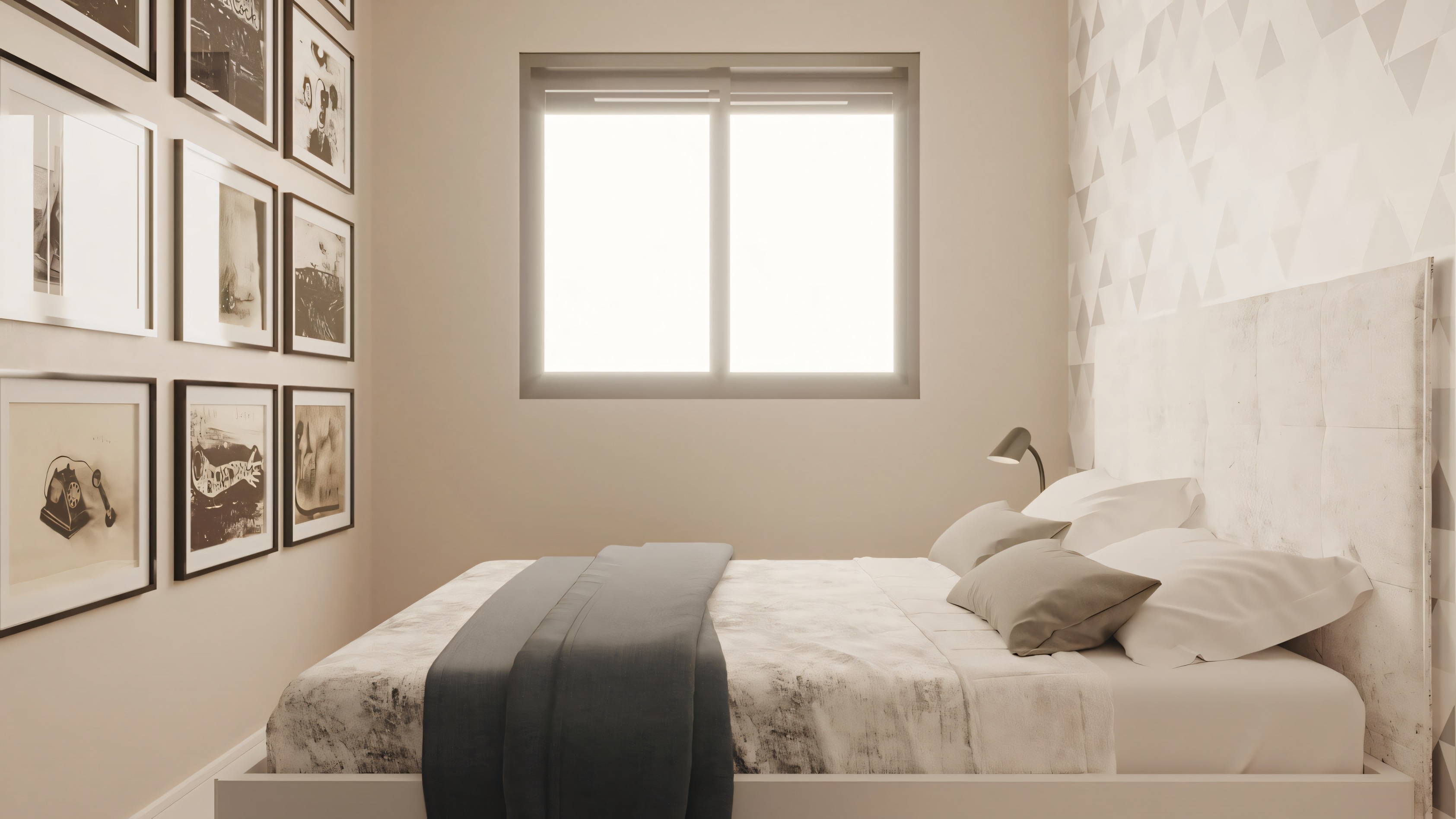 Una habitación moderna con cama visible y almohadas.